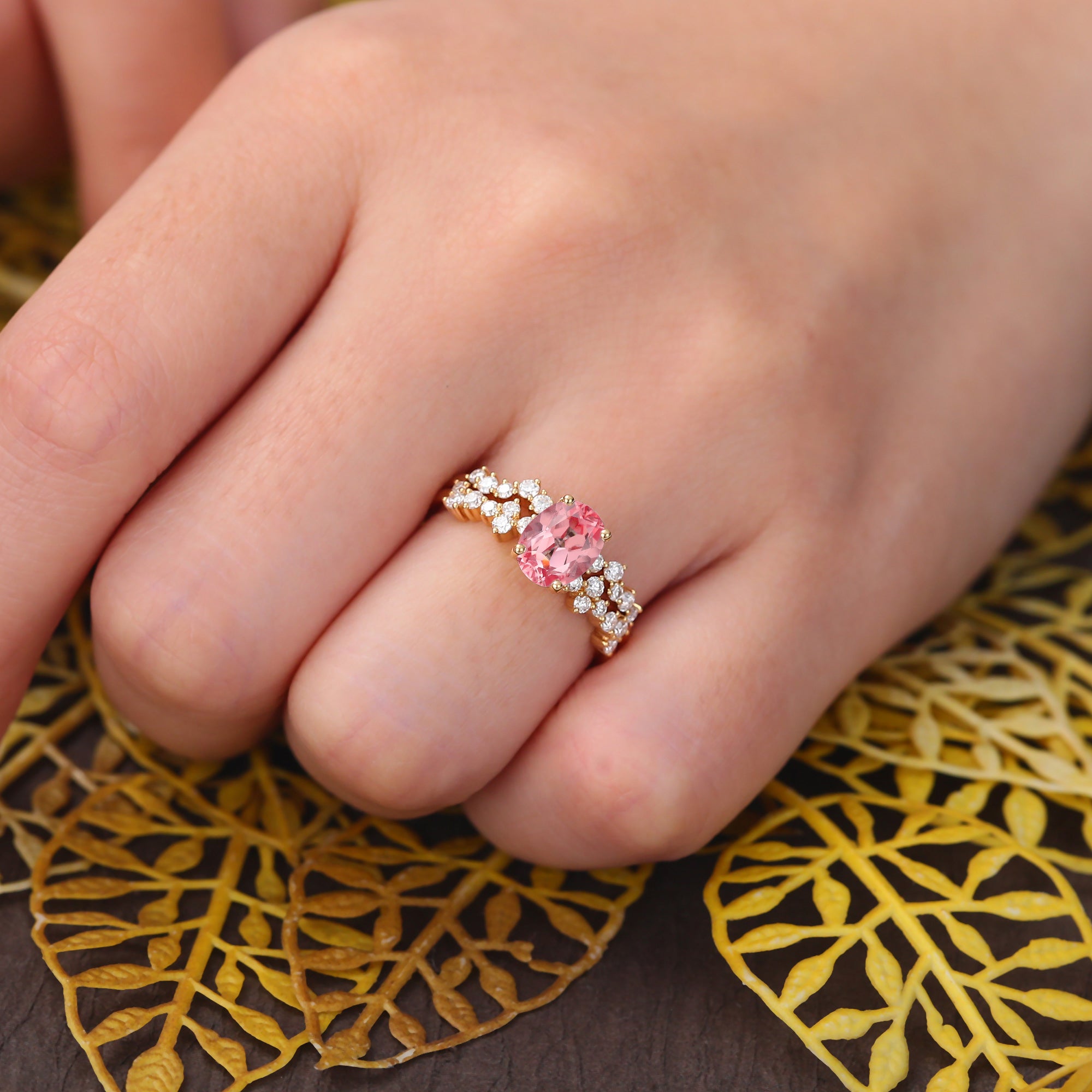 Oval cut Lab Pink Sapphire yellow gold Engagement Ring Set,   rose/white/yellow Gold,  S925/10k/14k/18k