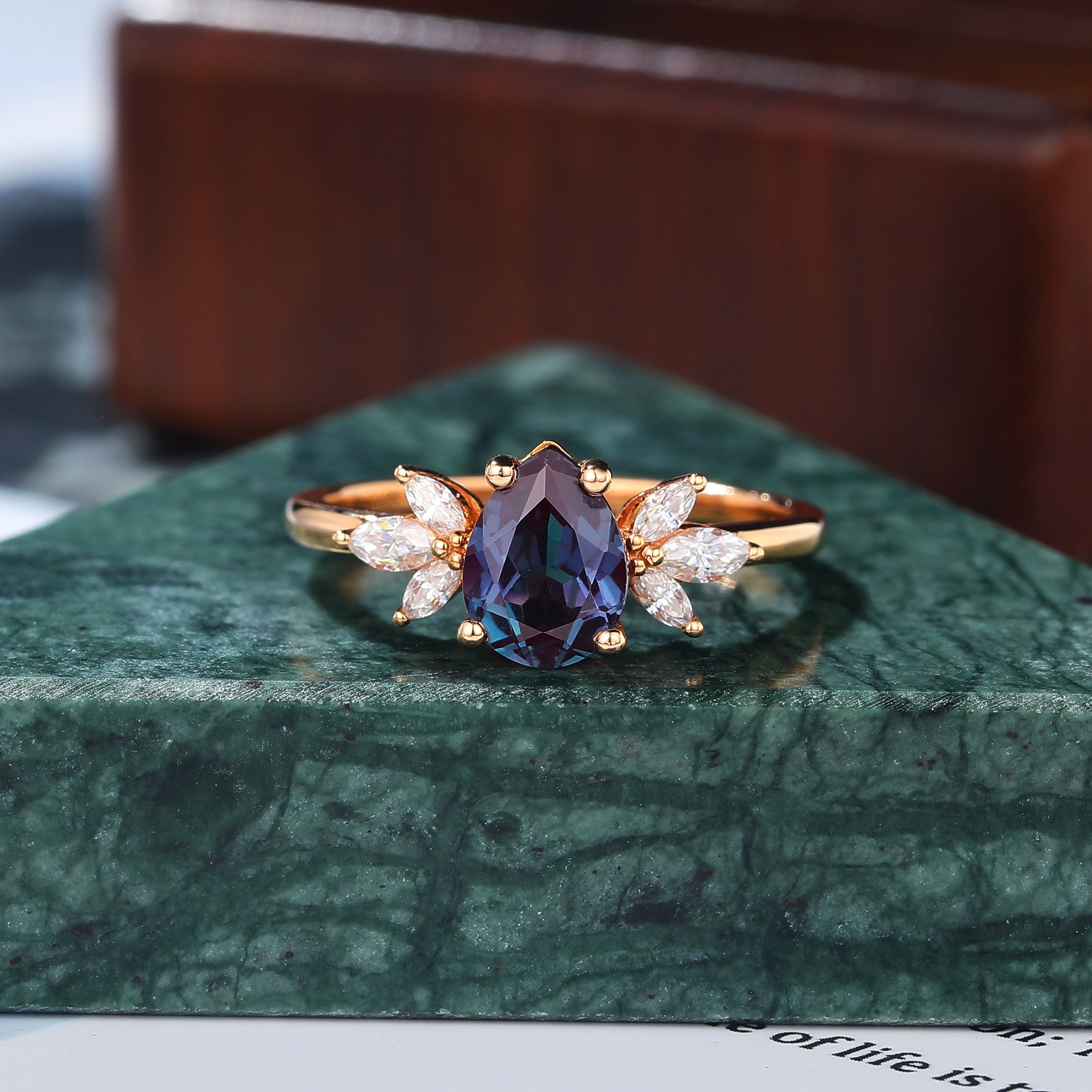 Pear shape Lab Alexandrite rose gold engagement Ring.