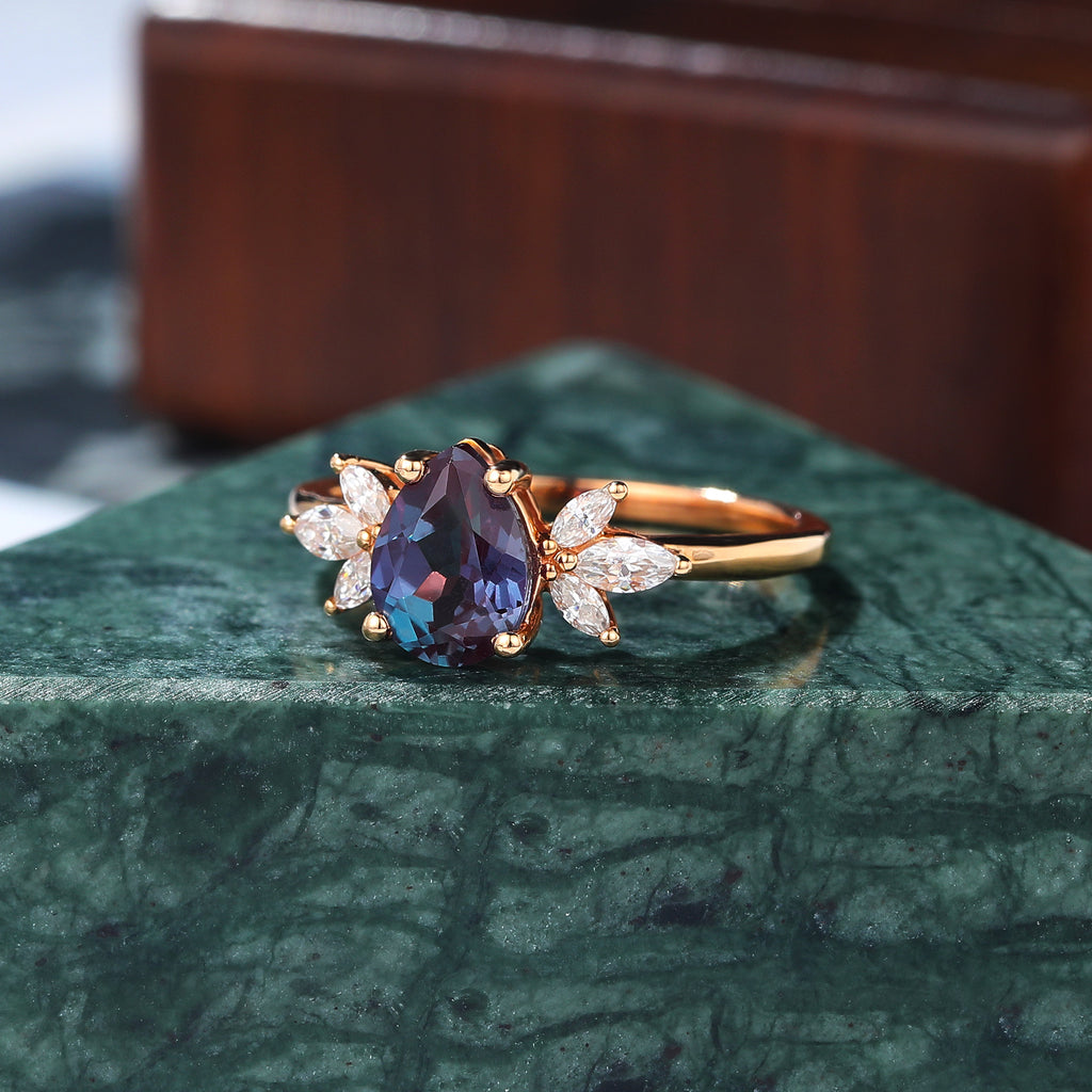 Pear shape Lab Alexandrite rose gold engagement Ring.