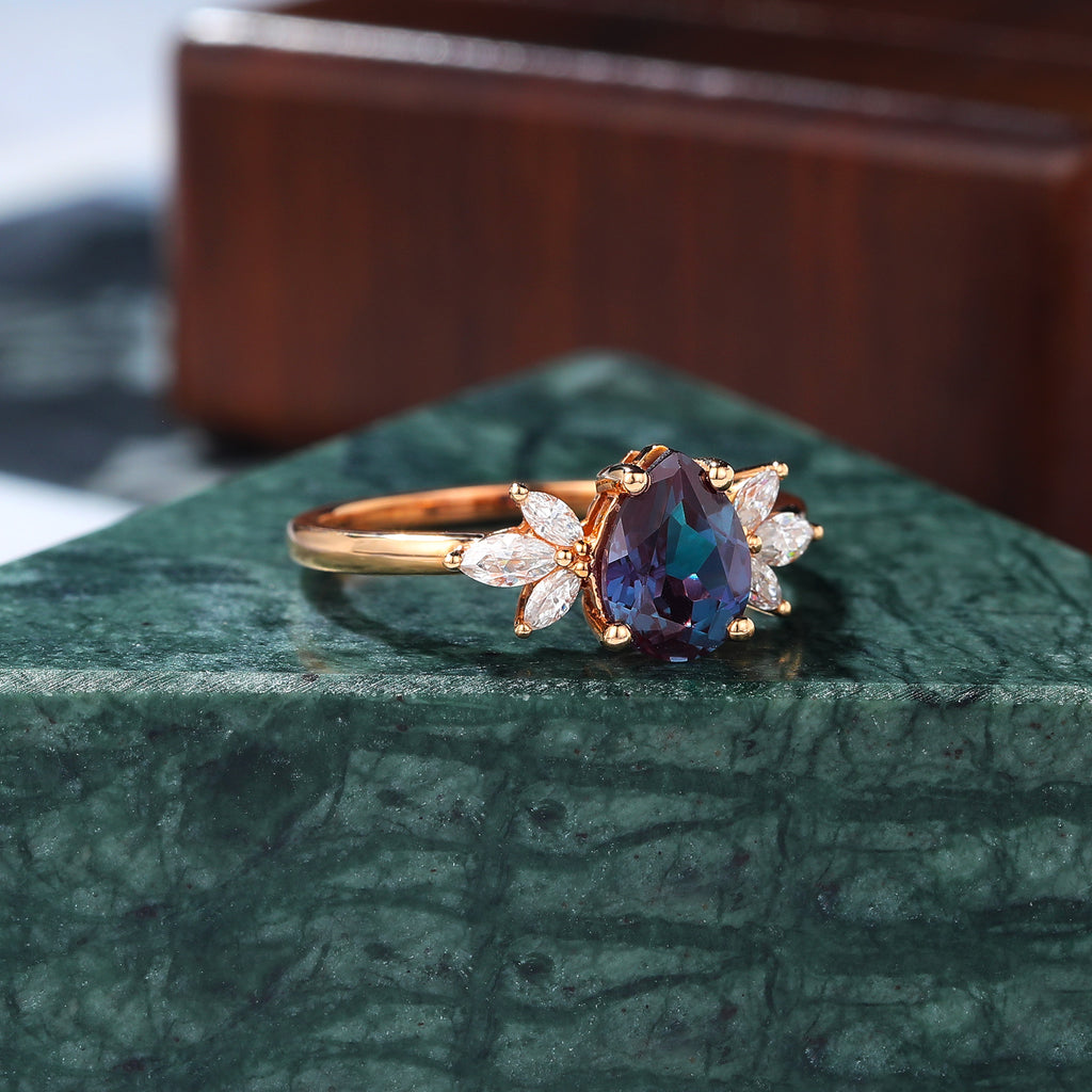 Pear shape Lab Alexandrite rose gold engagement Ring.