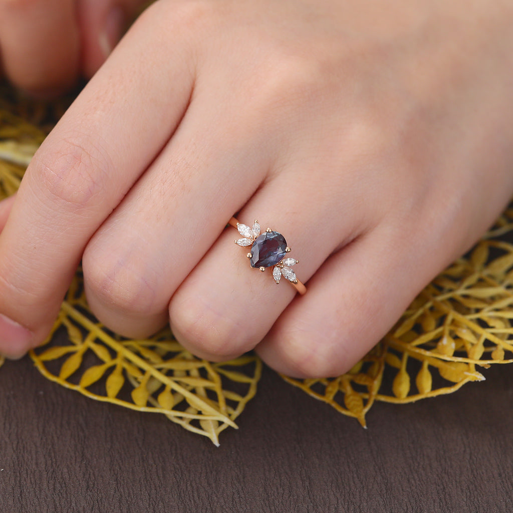 Pear shape Lab Alexandrite rose gold engagement Ring.