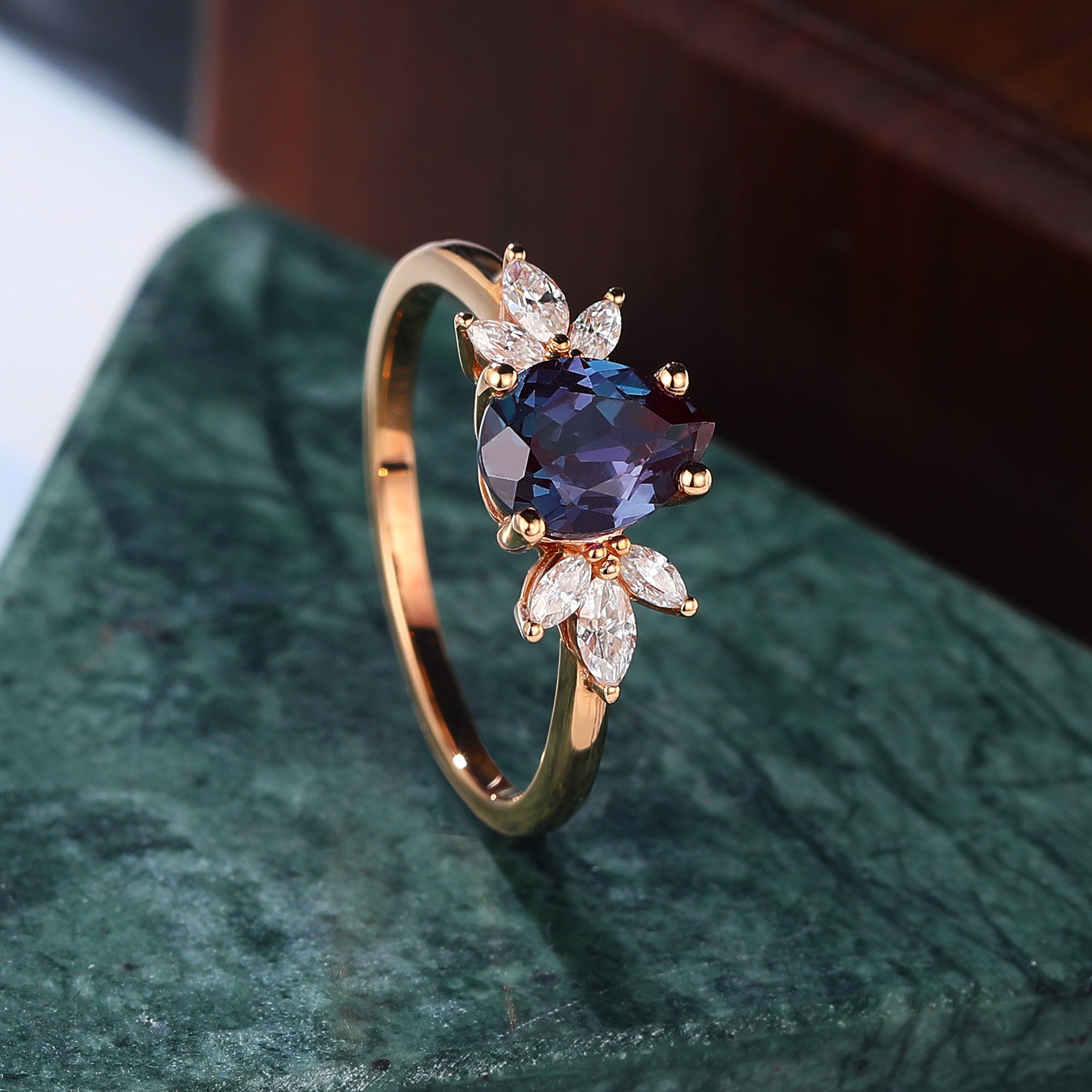 Pear shape Lab Alexandrite rose gold engagement Ring.