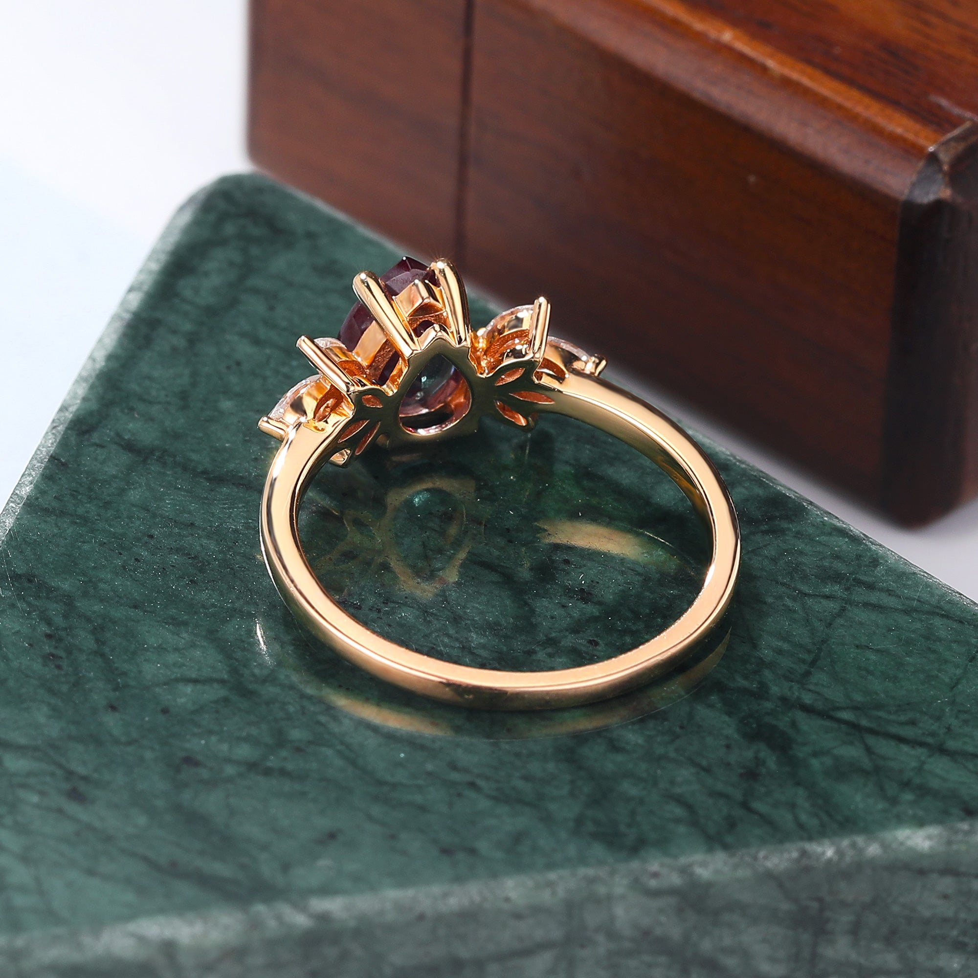 Pear shape Lab Alexandrite rose gold engagement Ring.