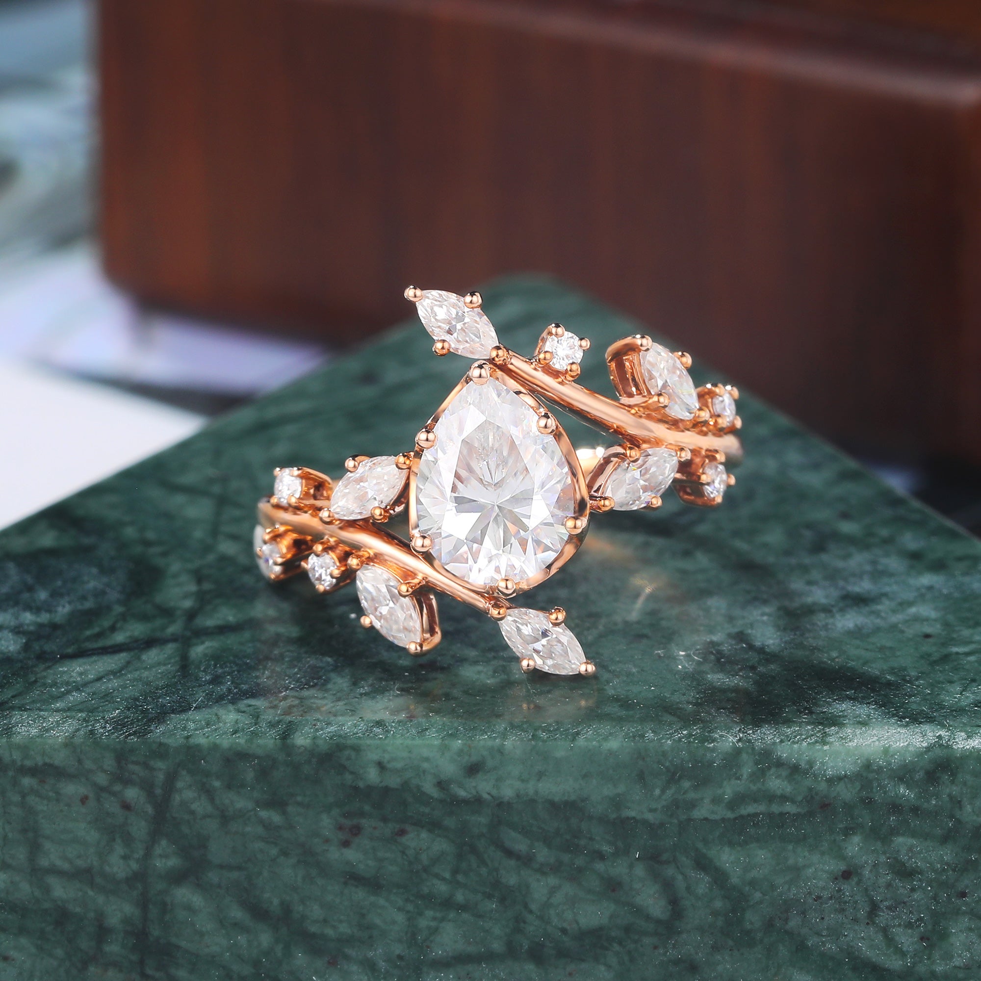 Pear shape  moissanite rose gold engagement Ring. Unique twig shaped bridal ring