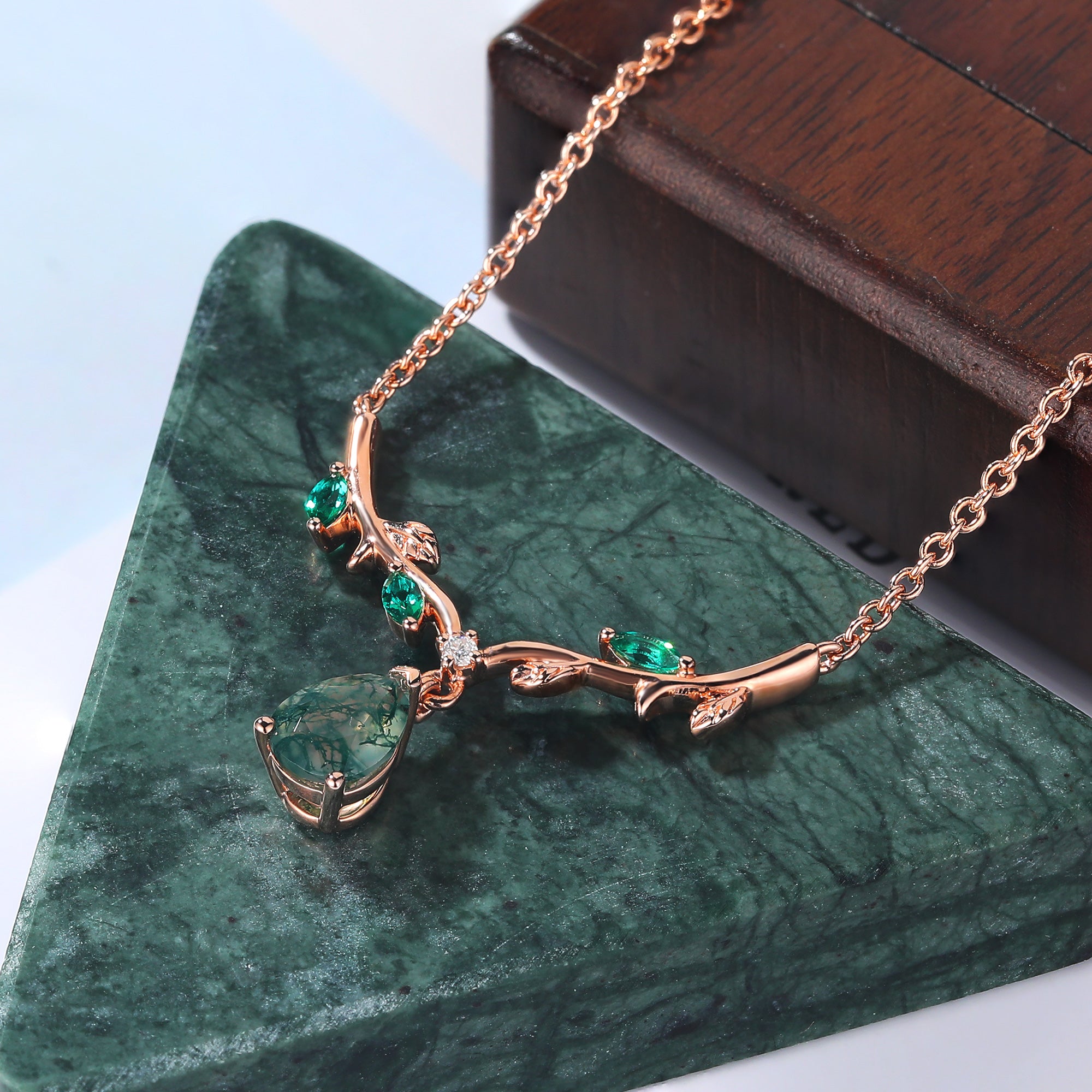 Pear cut Moss Agate Pendant Necklace for her, cluster moissanite Lab emerald leaves rose gold colored ribbon Necklace