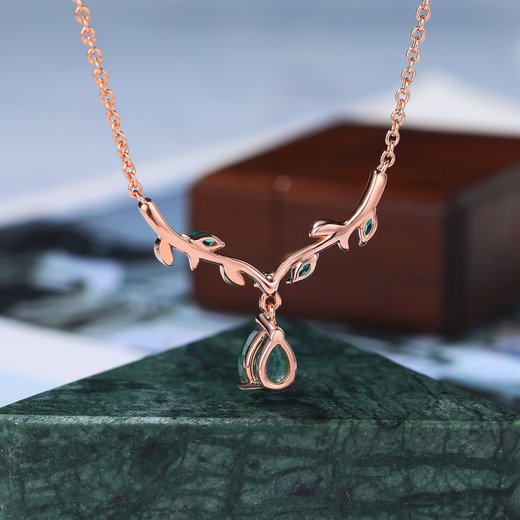 Pear cut Moss Agate Pendant Necklace for her, cluster moissanite Lab emerald leaves rose gold colored ribbon Necklace