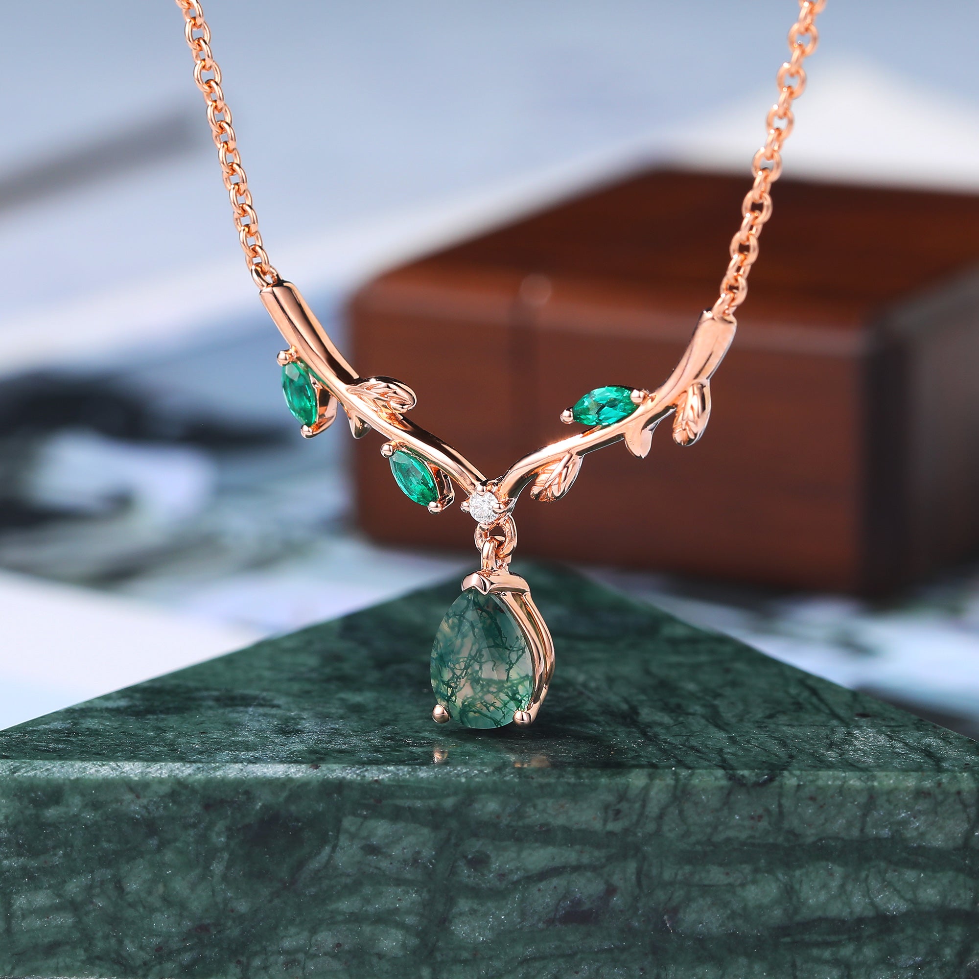Pear cut Moss Agate Pendant Necklace for her, cluster moissanite Lab emerald leaves rose gold colored ribbon Necklace