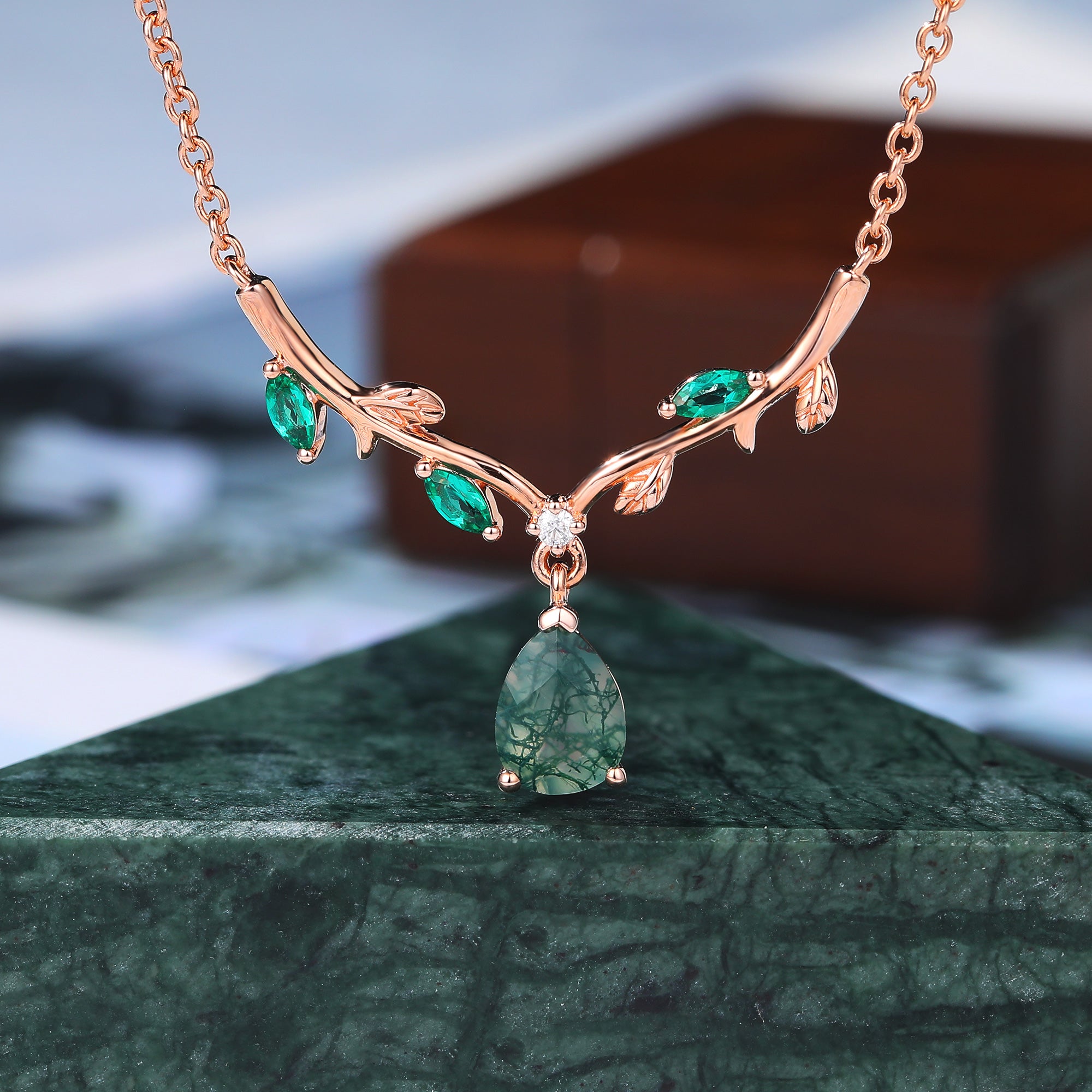 Pear cut Moss Agate Pendant Necklace for her, cluster moissanite Lab emerald leaves rose gold colored ribbon Necklace