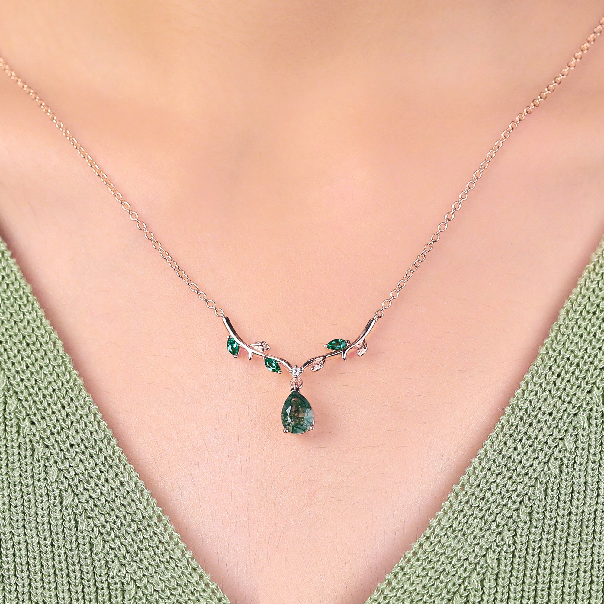Pear cut Moss Agate Pendant Necklace for her, cluster moissanite Lab emerald leaves rose gold colored ribbon Necklace