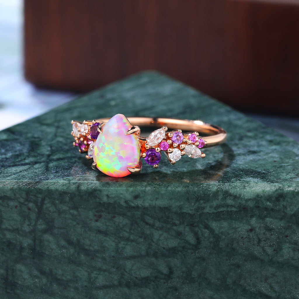 Art deco Pear shape  Lab Pink Opal engagement ring vintage rose gold ring 10k/14k/18k gold  ring prong set anniversary promise bridal ring
