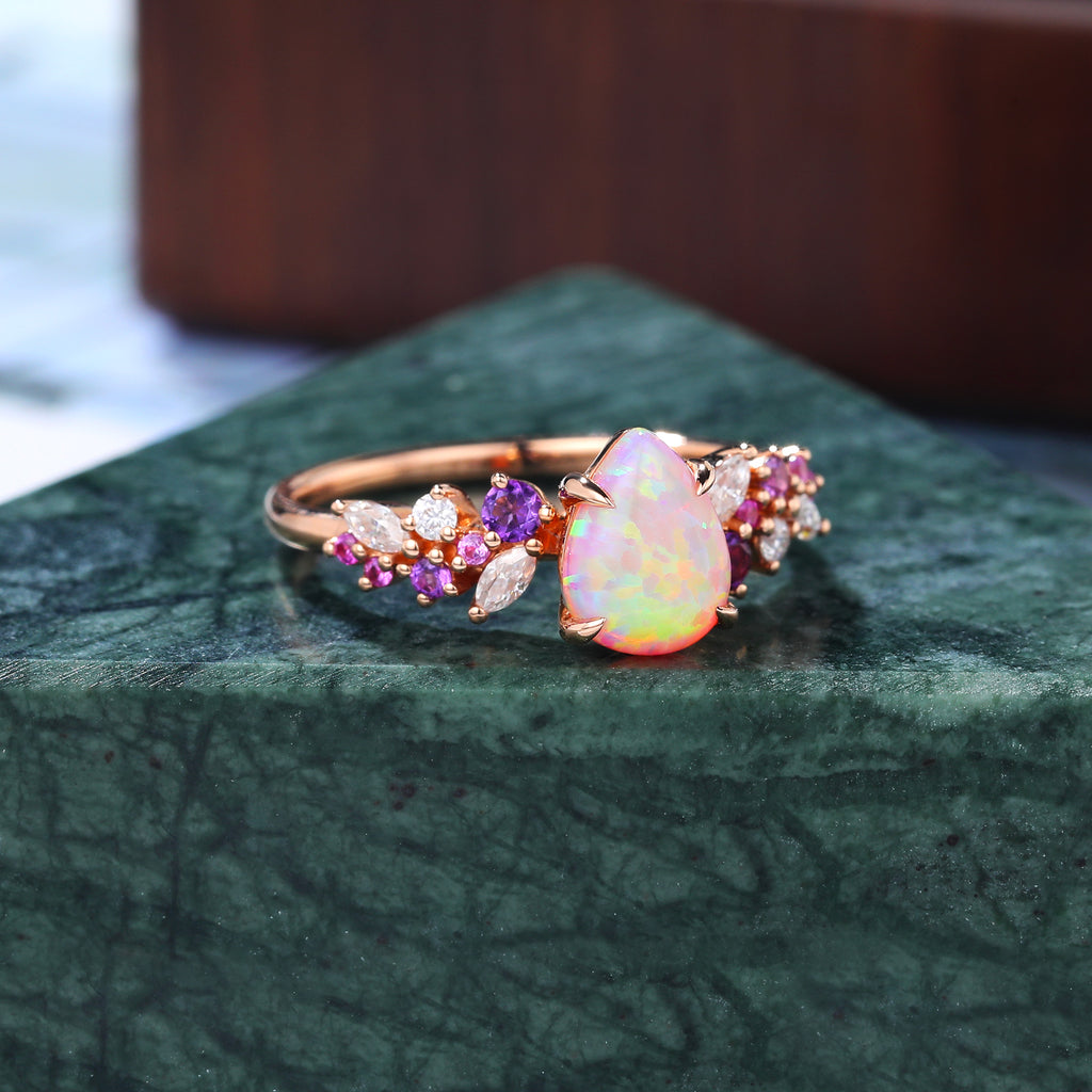 Art deco Pear shape  Lab Pink Opal engagement ring vintage rose gold ring 10k/14k/18k gold  ring prong set anniversary promise bridal ring