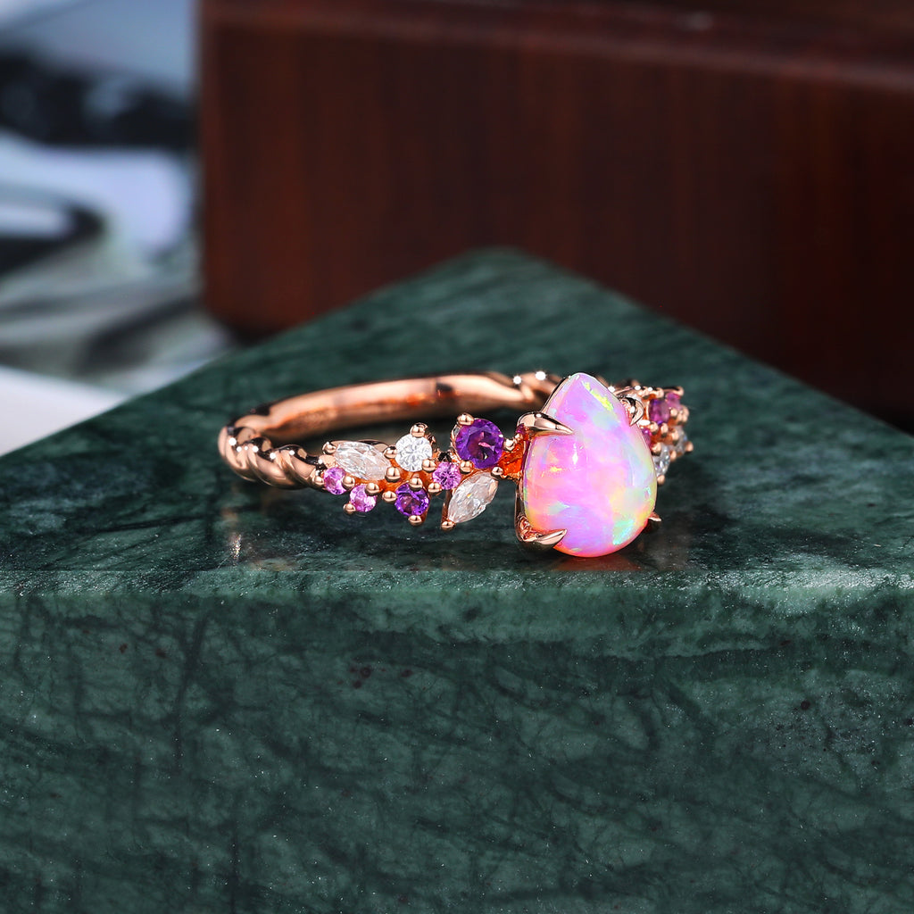 Pear shape Lab Pink Opal engagement ring S925/10k/14k/18k gold , unique Bridal ring rose/white/yellow gold
