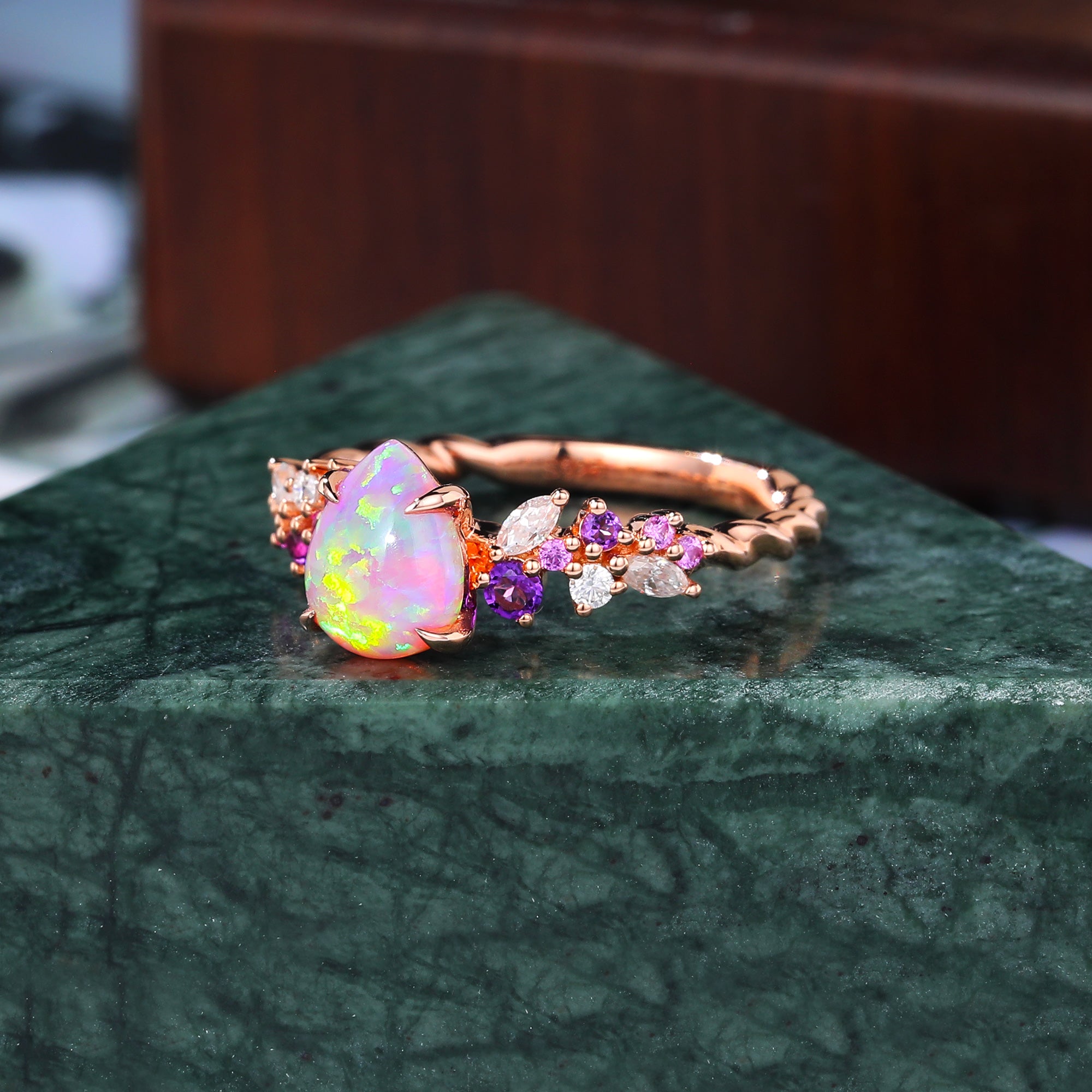 Pear shape Lab Pink Opal engagement ring S925/10k/14k/18k gold , unique Bridal ring rose/white/yellow gold