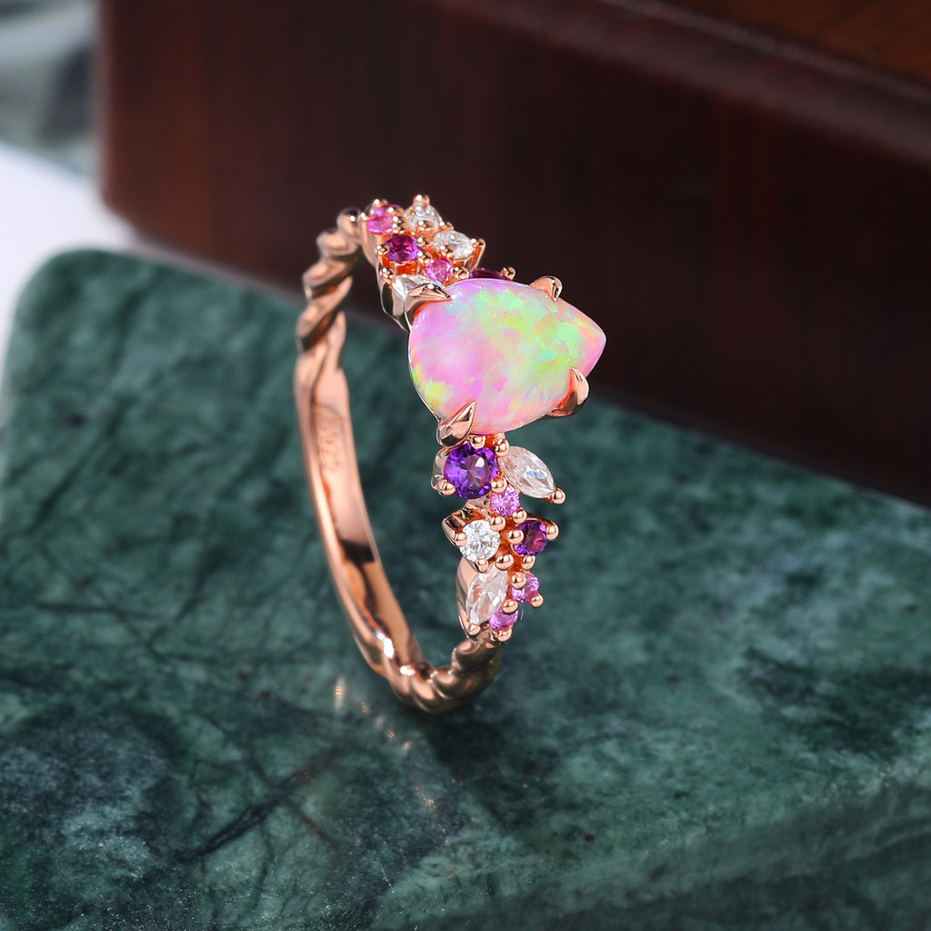 Pear shape Lab Pink Opal engagement ring S925/10k/14k/18k gold , unique Bridal ring rose/white/yellow gold