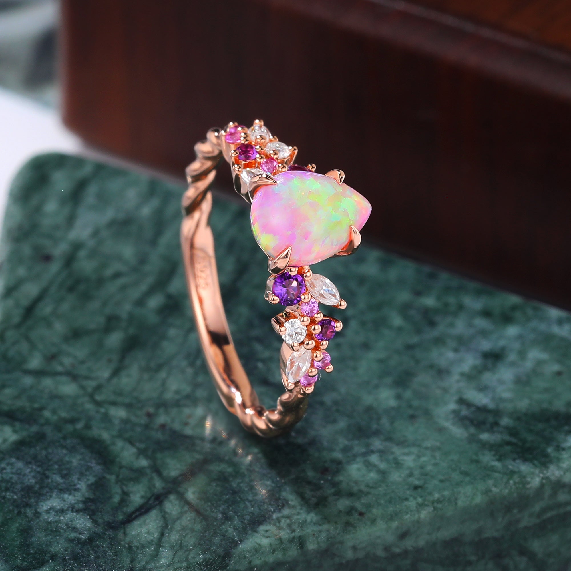 Pear shape Lab Pink Opal engagement ring S925/10k/14k/18k gold , unique Bridal ring rose/white/yellow gold