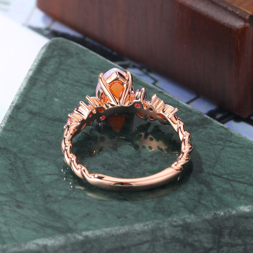 Pear shape Lab Pink Opal engagement ring S925/10k/14k/18k gold , unique Bridal ring rose/white/yellow gold