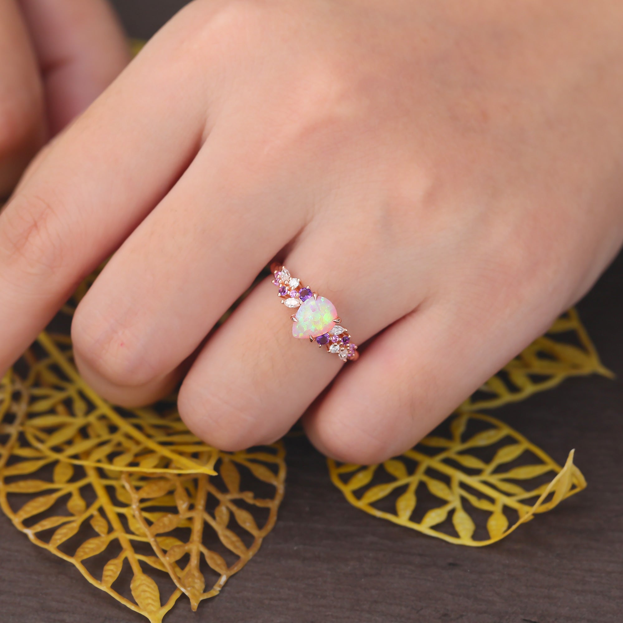 Pear shape Lab Pink Opal engagement ring S925/10k/14k/18k gold , unique Bridal ring rose/white/yellow gold