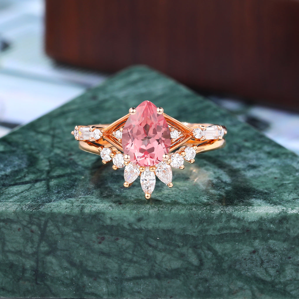 Vintage Pear shape Lab Pink Sapphire Engagement Ring Set  Rose/white/yellow Gold  S925/10k/14k/18k