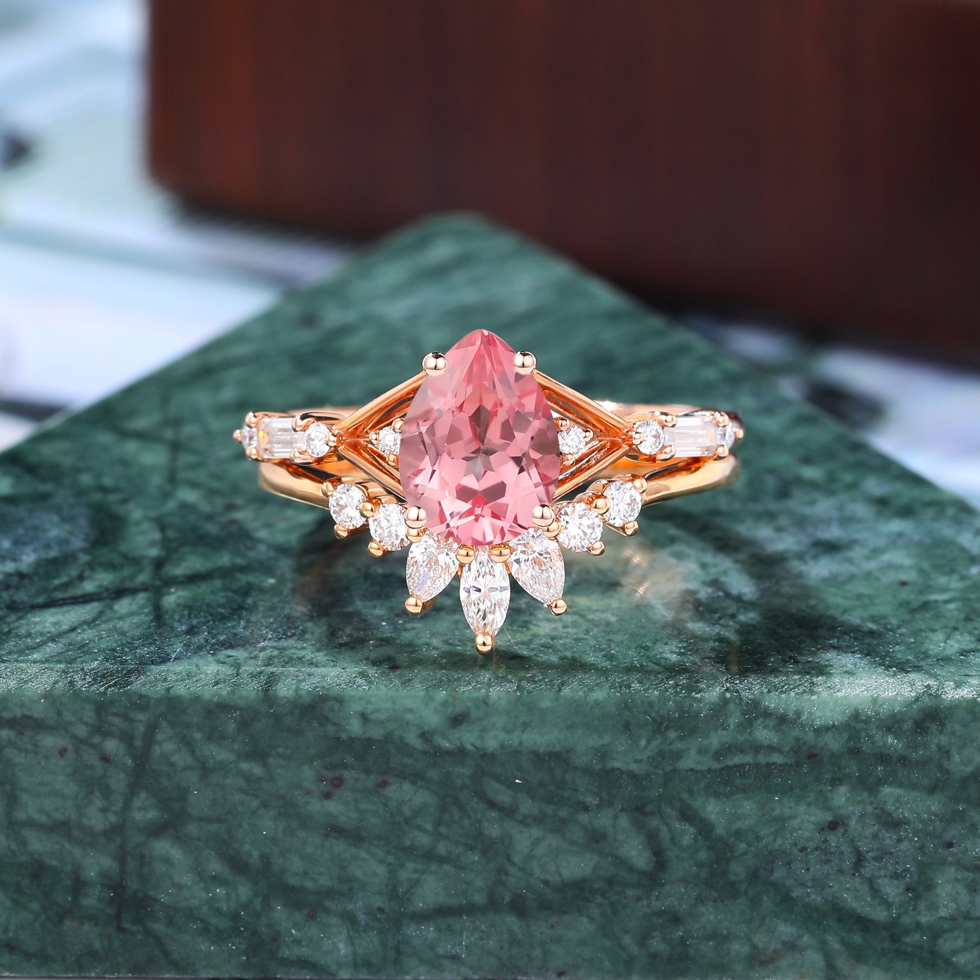 Vintage Pear shape Lab Pink Sapphire Engagement Ring Set  Rose/white/yellow Gold  S925/10k/14k/18k