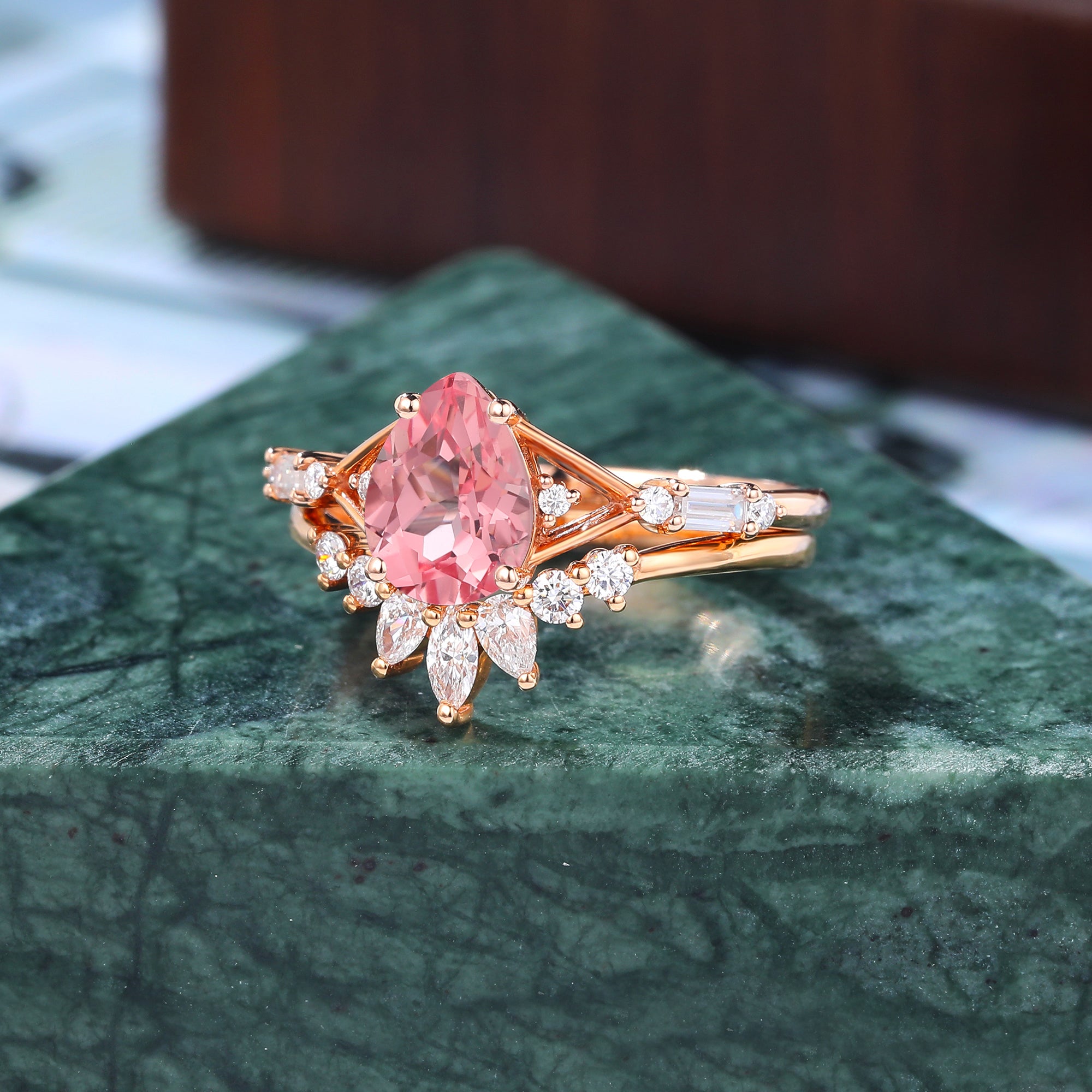 Vintage Pear shape Lab Pink Sapphire Engagement Ring Set  Rose/white/yellow Gold  S925/10k/14k/18k