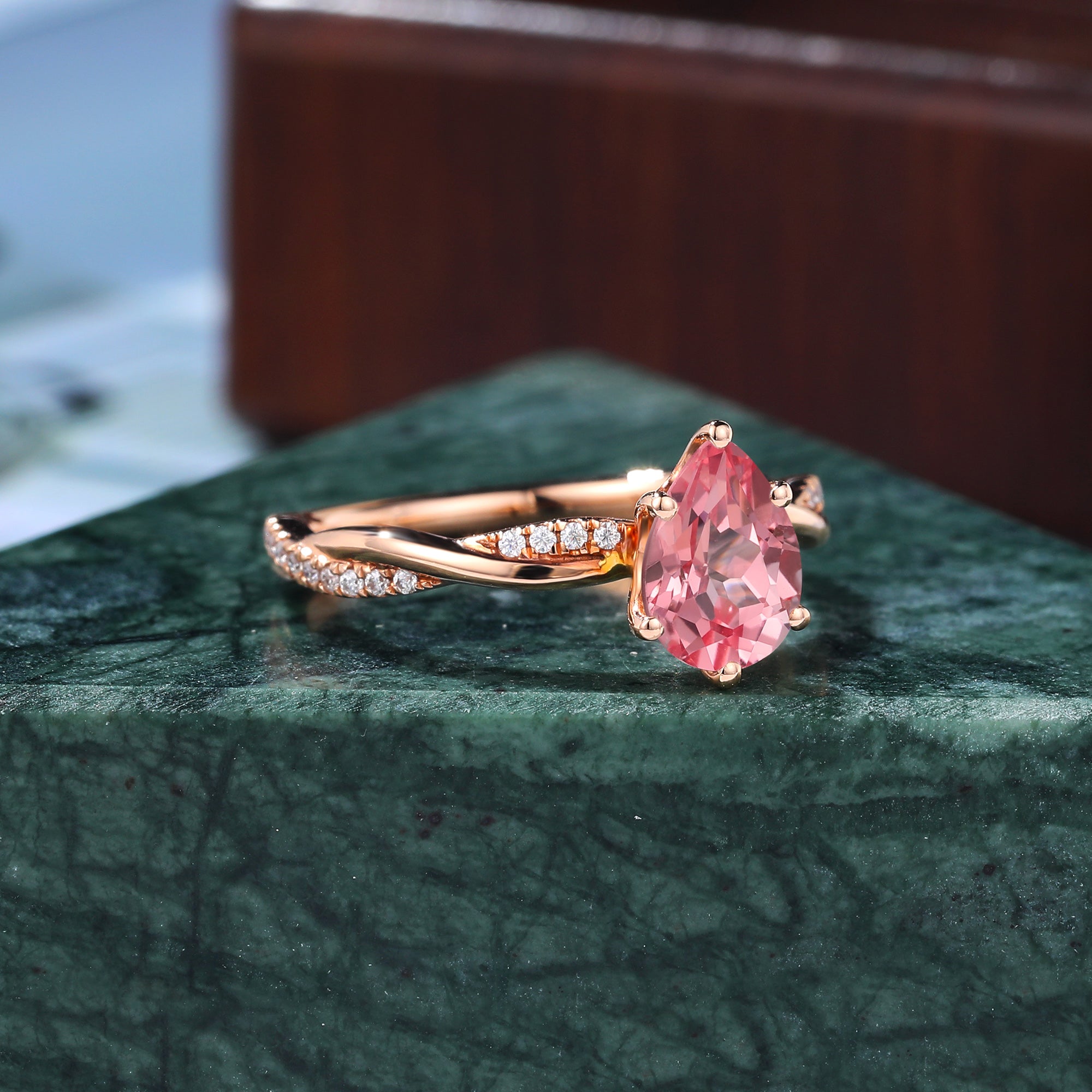 Pear shape Lab Pink Sapphire engagement ring S925/10k/14k/18k gold,rose/yellow/white Gold