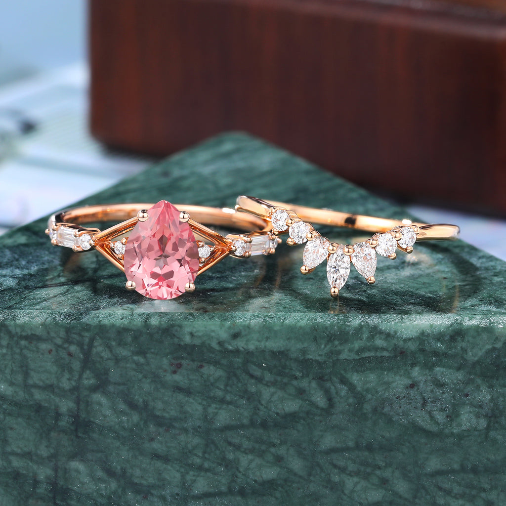 Vintage Pear shape Lab Pink Sapphire Engagement Ring Set  Rose/white/yellow Gold  S925/10k/14k/18k