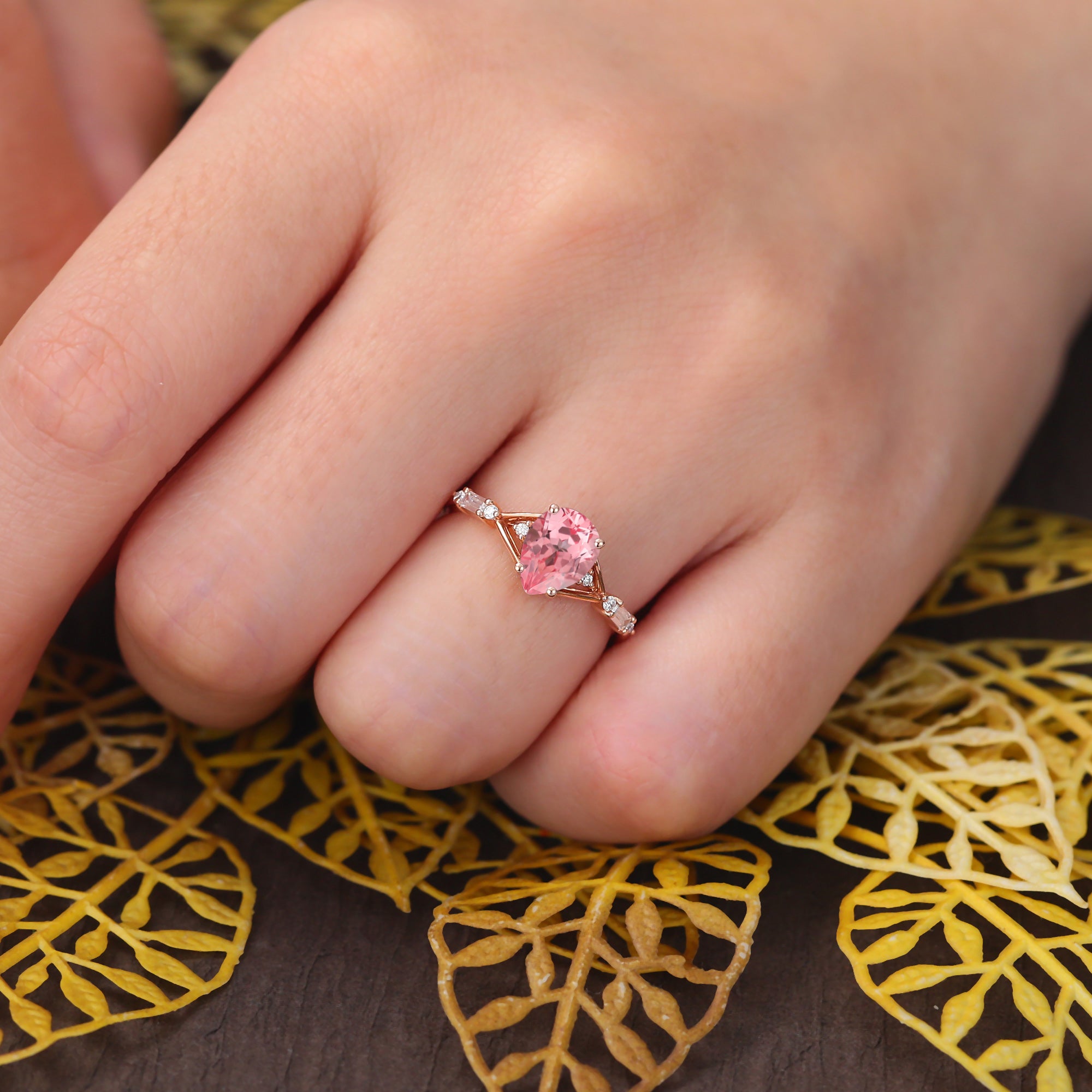 Pear shape Lab Pink Sapphire engagement ring 925silver/10k/14k/18k gold