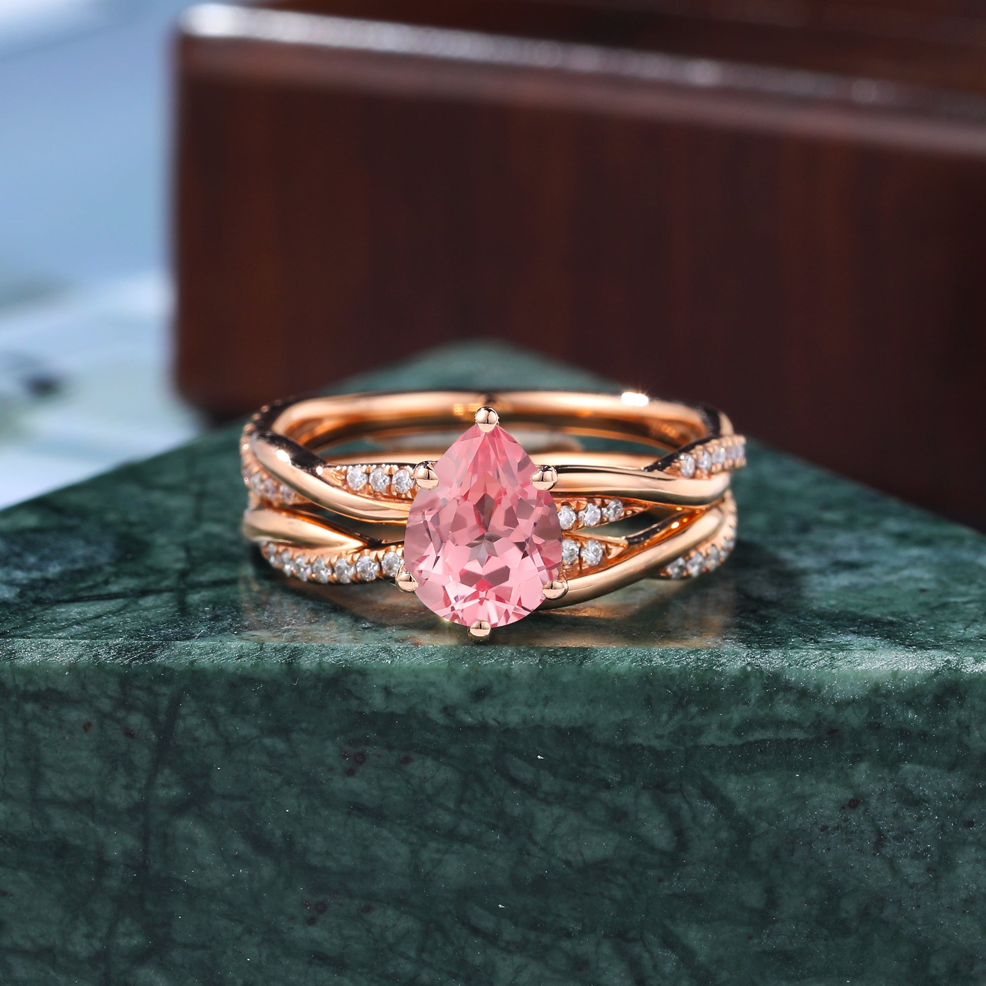 Pear shape Lab Pink Sapphire rose gold Engagement Ring Set,rose/yellow/white Gold  S925/10k/14k/18k