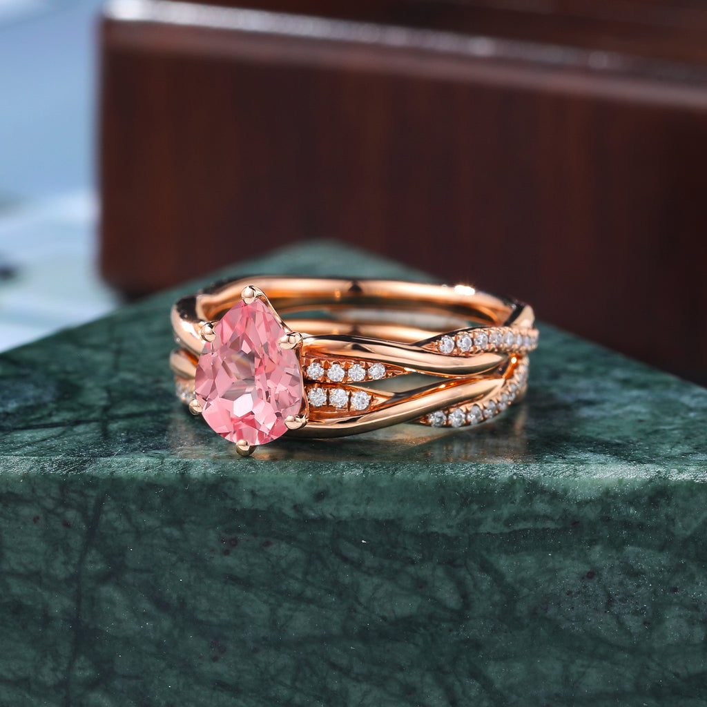 Pear shape Lab Pink Sapphire rose gold Engagement Ring Set,rose/yellow/white Gold  S925/10k/14k/18k