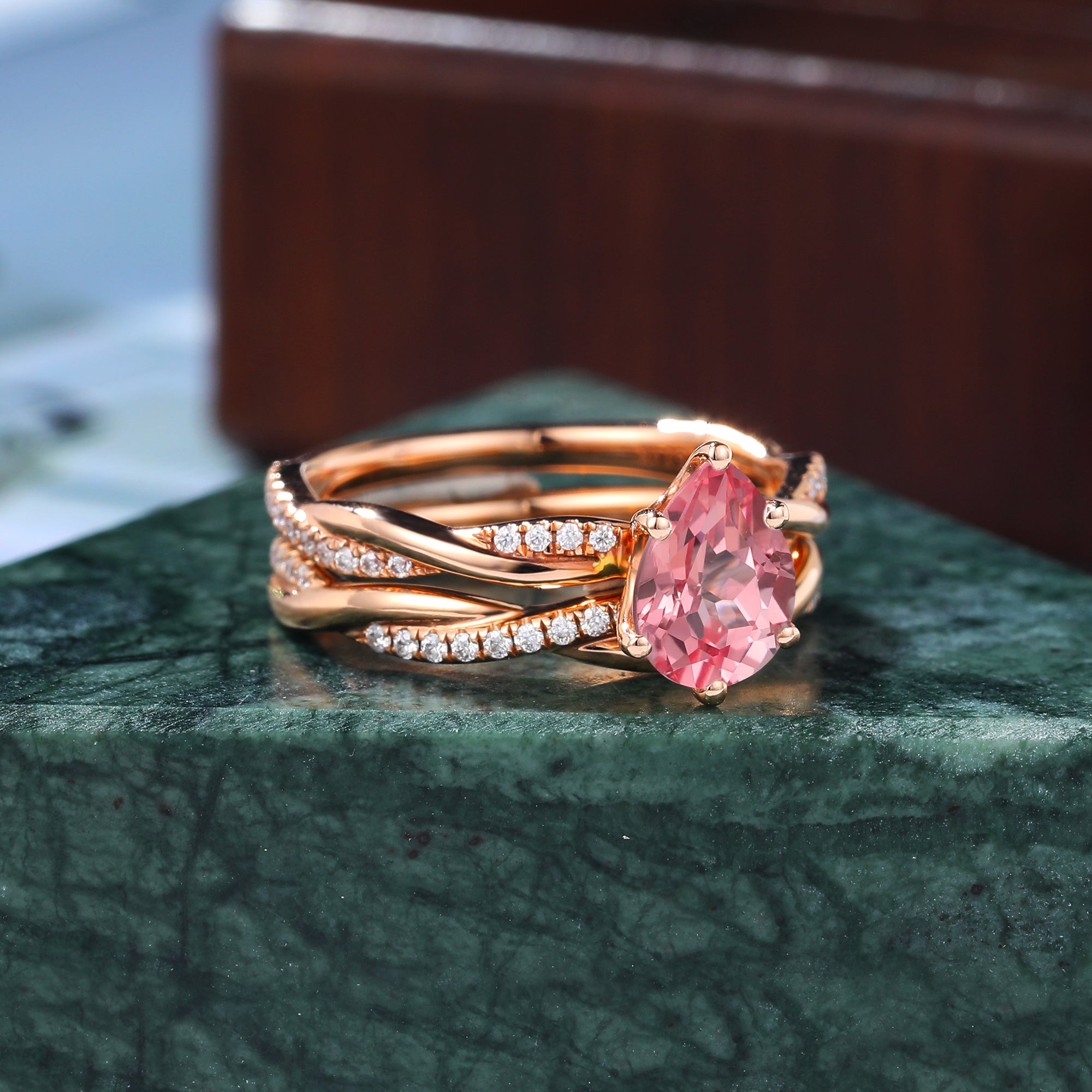 Pear shape Lab Pink Sapphire rose gold Engagement Ring Set,rose/yellow/white Gold  S925/10k/14k/18k