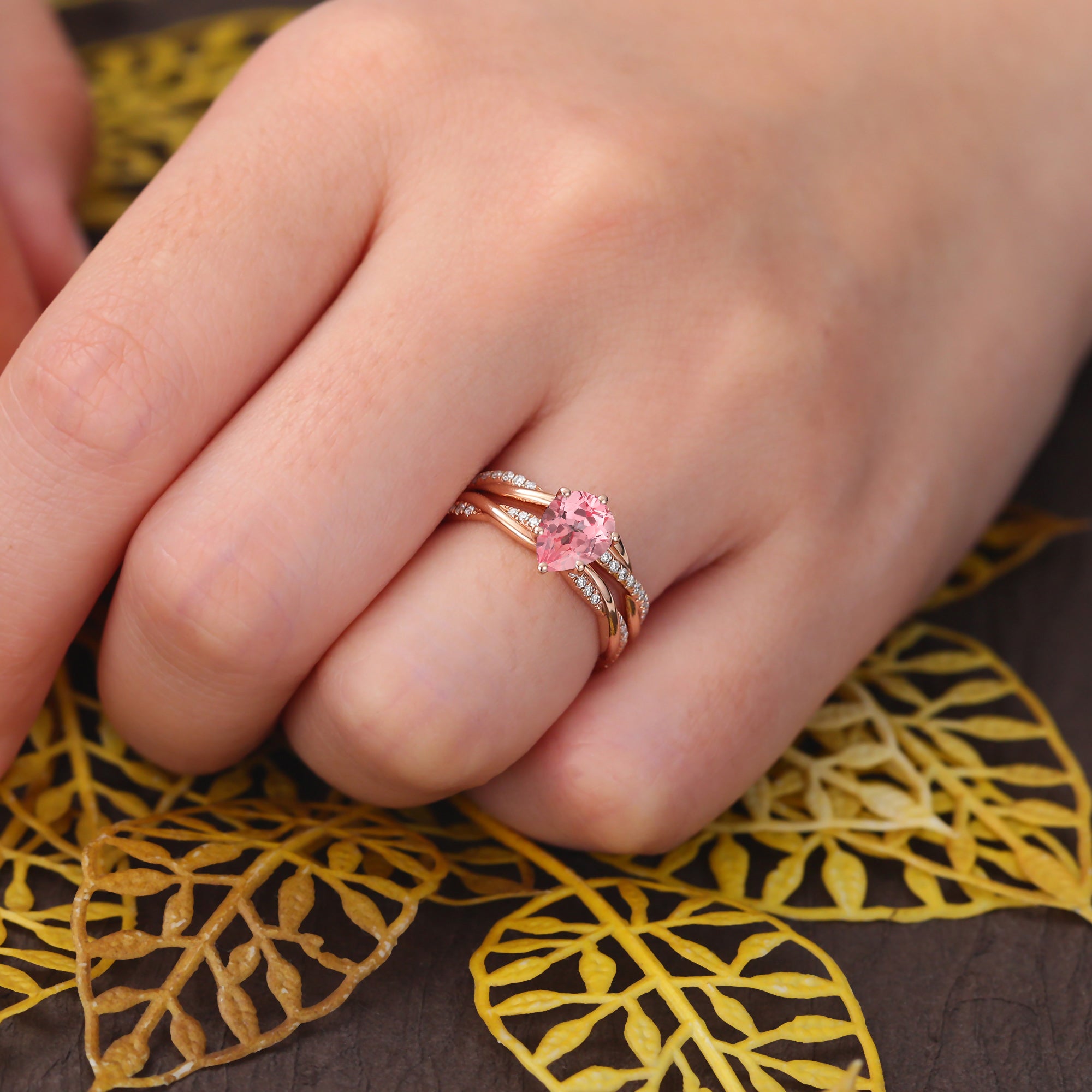 Pear shape Lab Pink Sapphire rose gold Engagement Ring Set,rose/yellow/white Gold  S925/10k/14k/18k