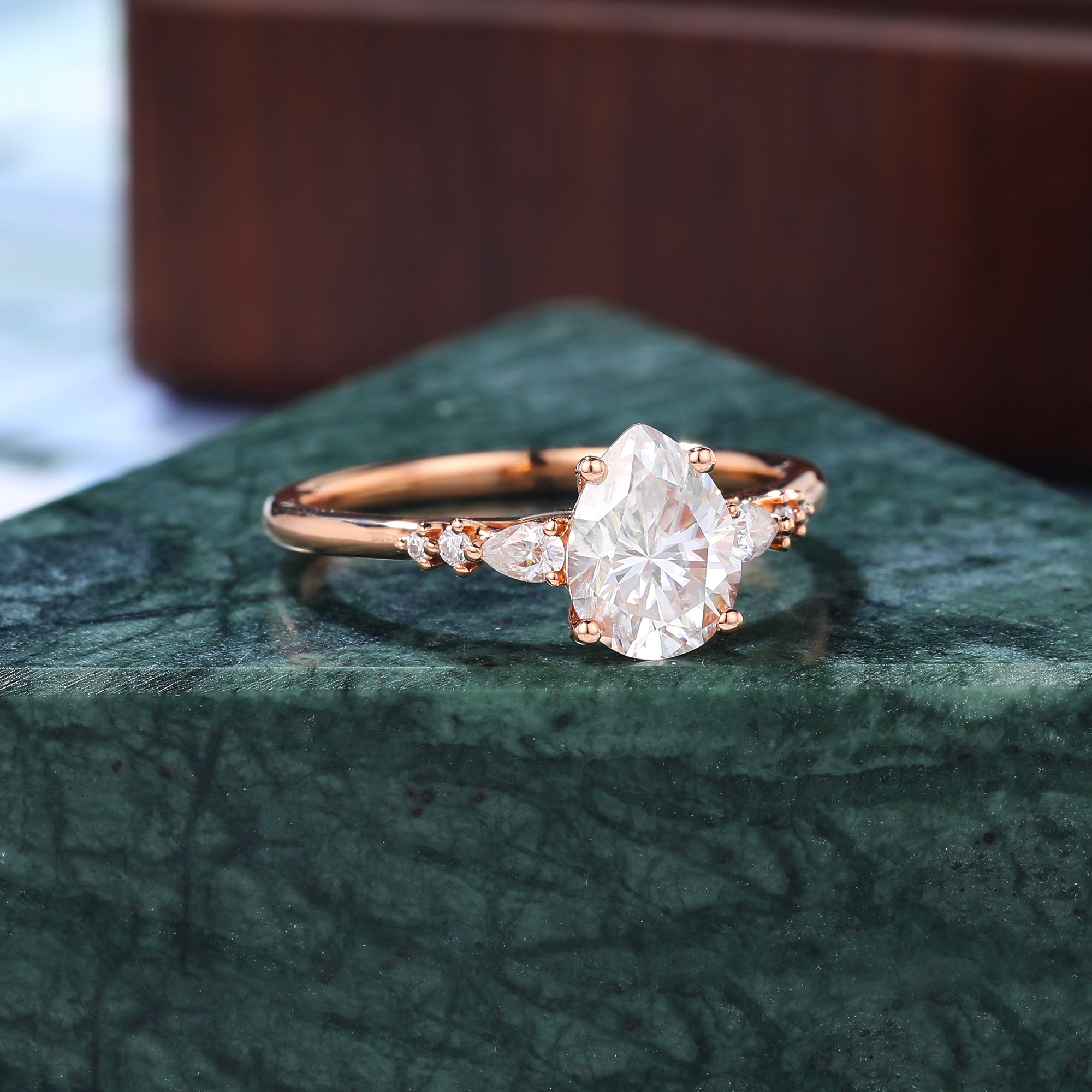 Pear shape moissanite rose gold engagement ring, 10k/14k/18k gold.