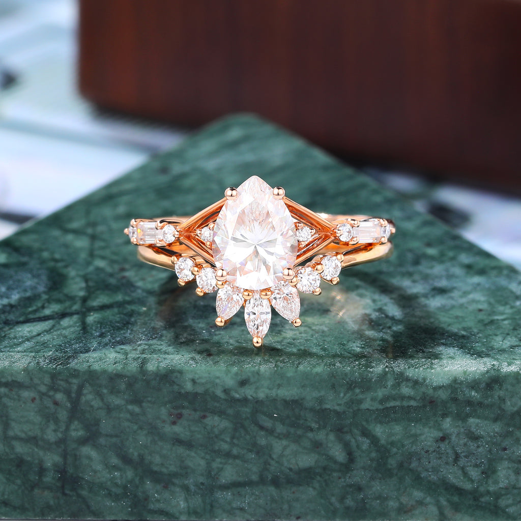 Vintage Pear shape  Lab grown Diamond  Engagement Ring Set,  Rose/white/yellow Gold Bridal Wedding band S925/10K/14K/18K