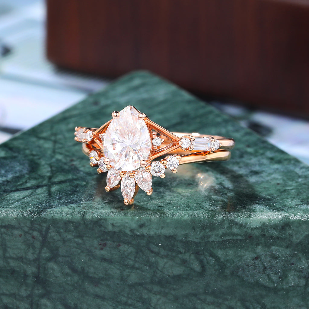 Vintage Pear shape  Lab grown Diamond  Engagement Ring Set,  Rose/white/yellow Gold Bridal Wedding band S925/10K/14K/18K