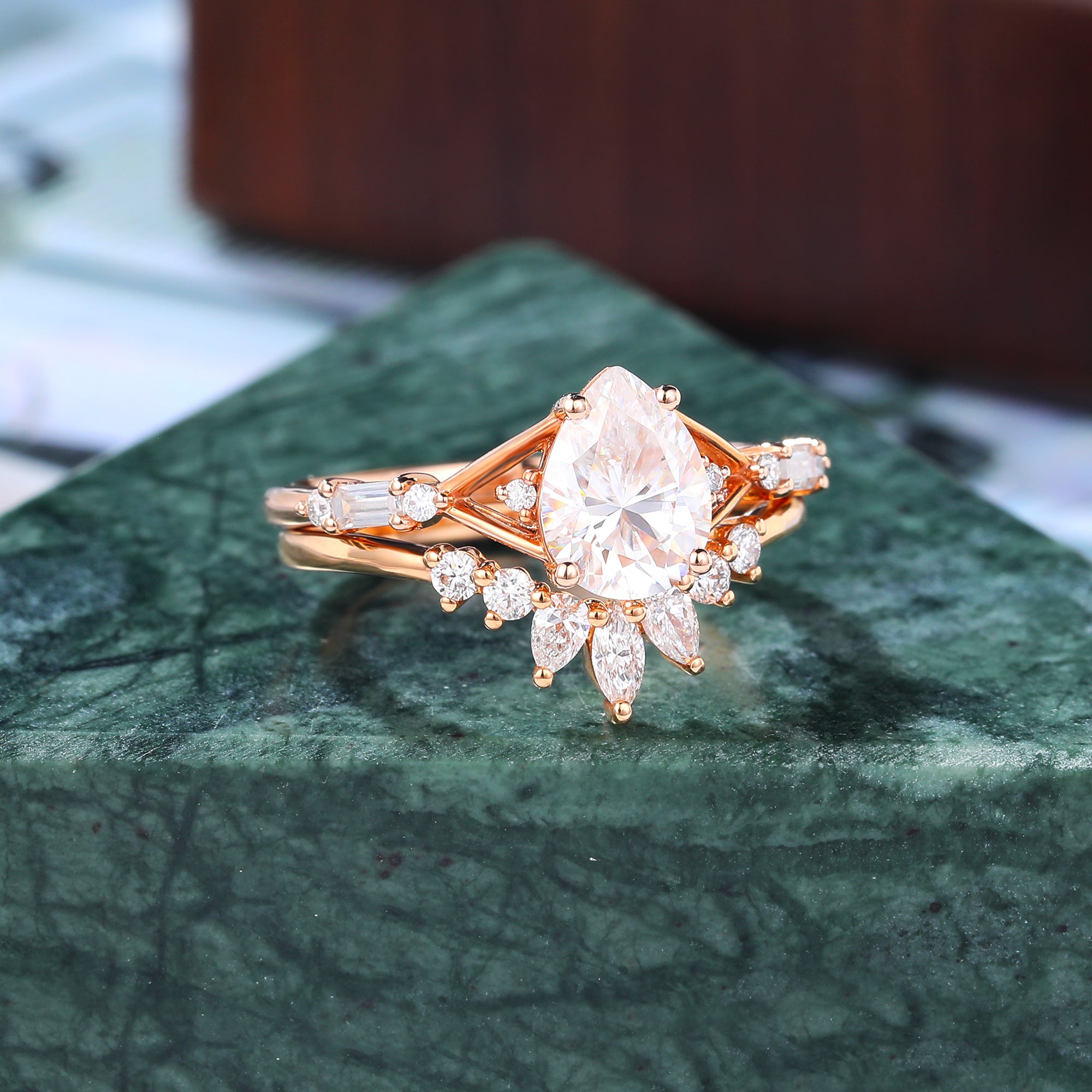 Vintage Pear shape  Lab grown Diamond  Engagement Ring Set,  Rose/white/yellow Gold Bridal Wedding band S925/10K/14K/18K