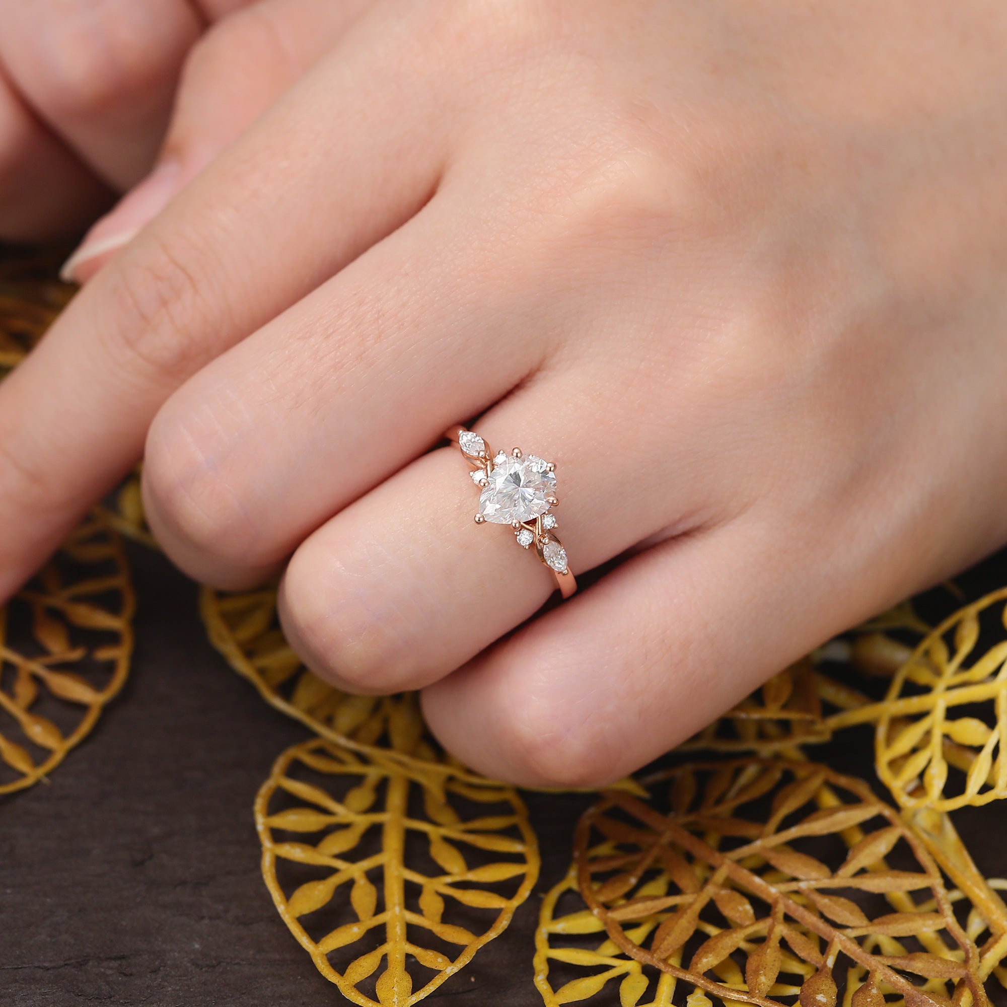 1.1ct Pear shape Lab-grown Diamond rose gold engagement ring, Cluster white gold yellow gold ring, anniversary gift S925/10K/14/18k gold.