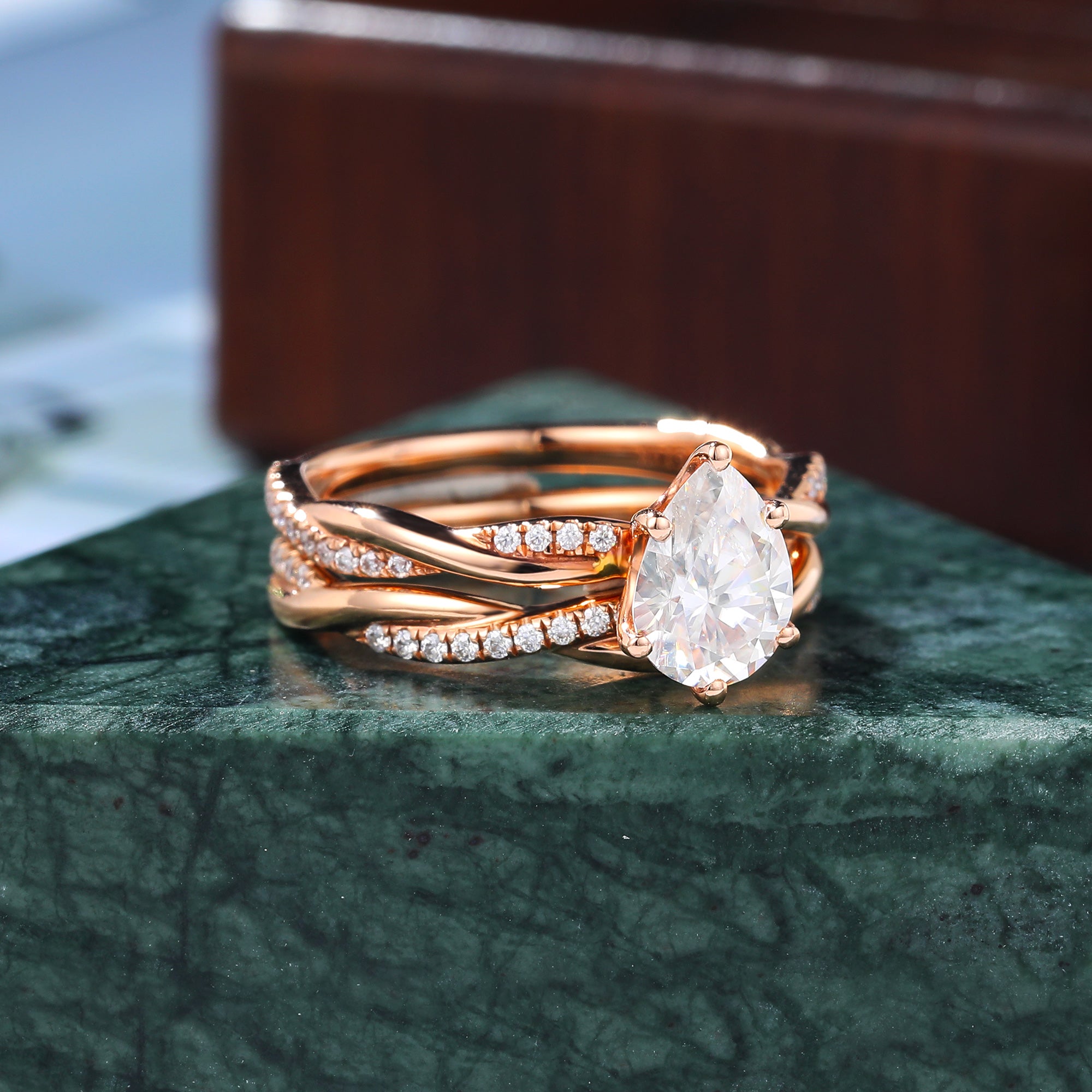 Vintage Pear shape Moissanite Engagement Ring Set, Rose/white/yellow Gold Bridal Wedding band Unique bend ring.S925/10K/14K/18K