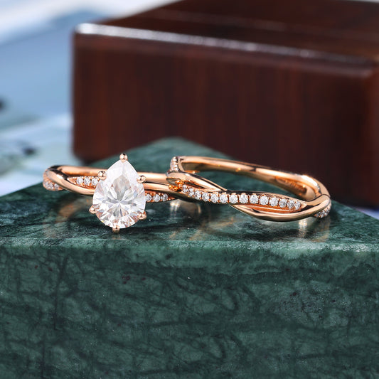Vintage Pear shape Moissanite Engagement Ring Set, Rose/white/yellow Gold Bridal Wedding band Unique bend ring.S925/10K/14K/18K