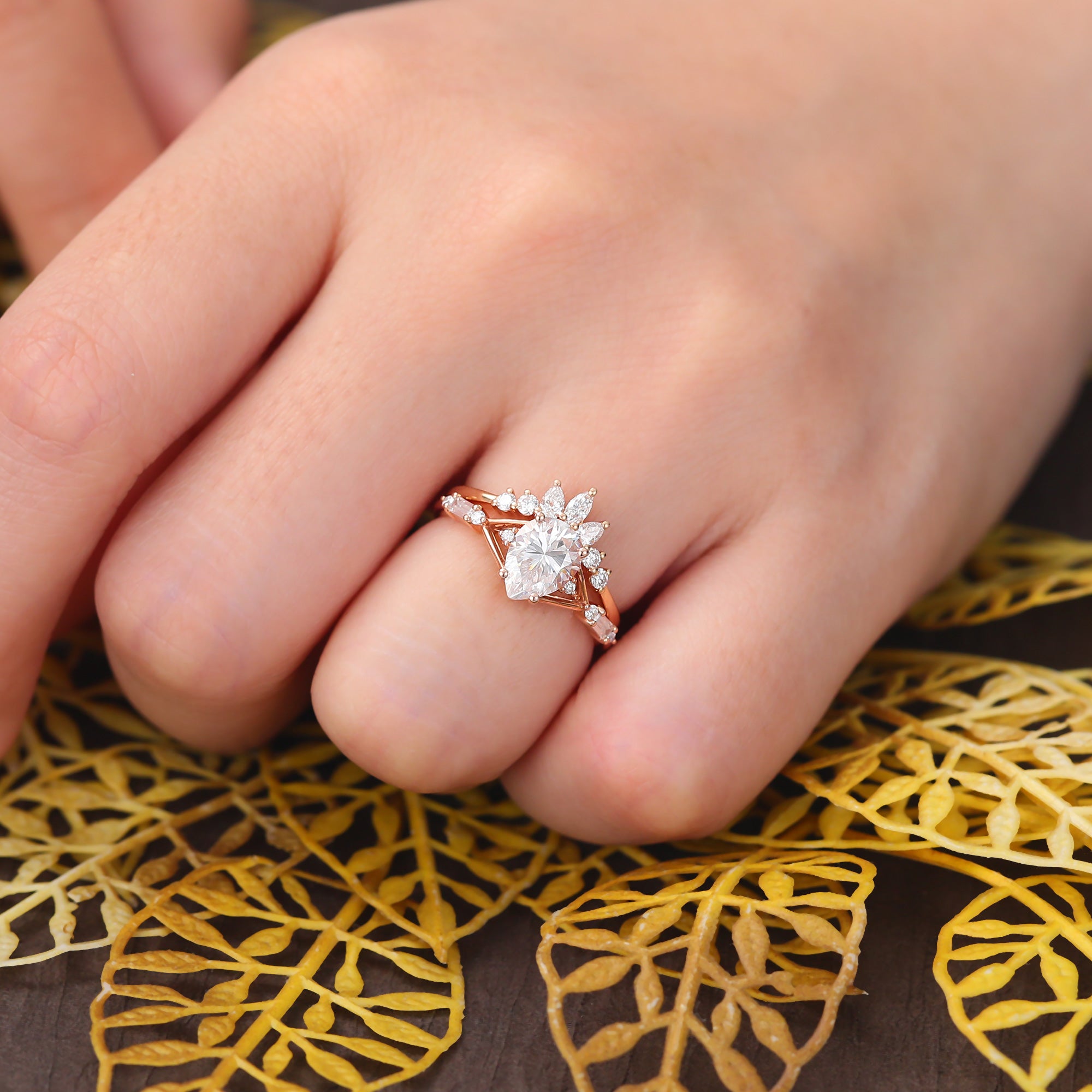 Vintage Pear shape  Lab grown Diamond  Engagement Ring Set,  Rose/white/yellow Gold Bridal Wedding band S925/10K/14K/18K