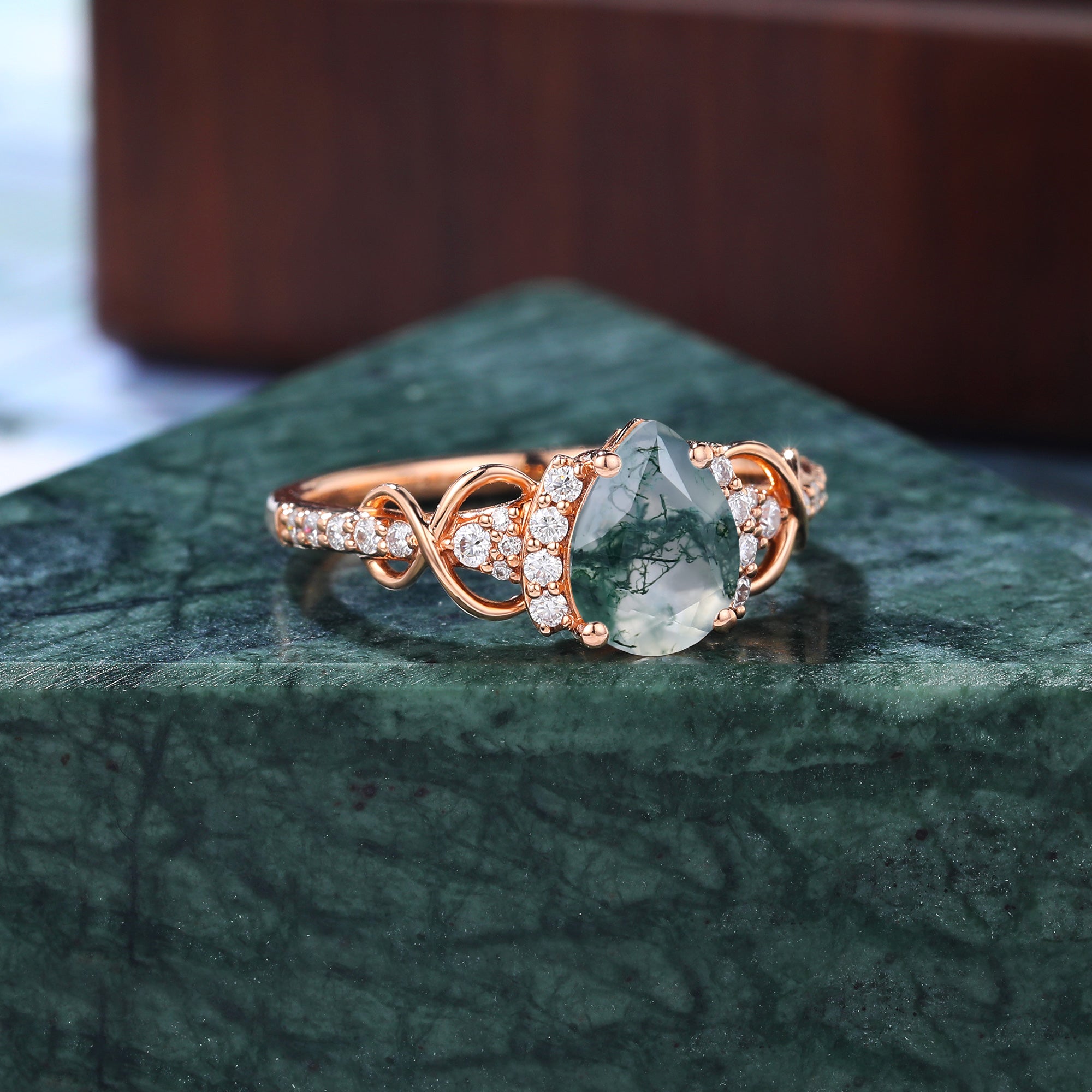 Pear shape Moss agate Rose gold engagement ring S925/10k/14k/18k gold ring, unique bridal ring rose/white gold