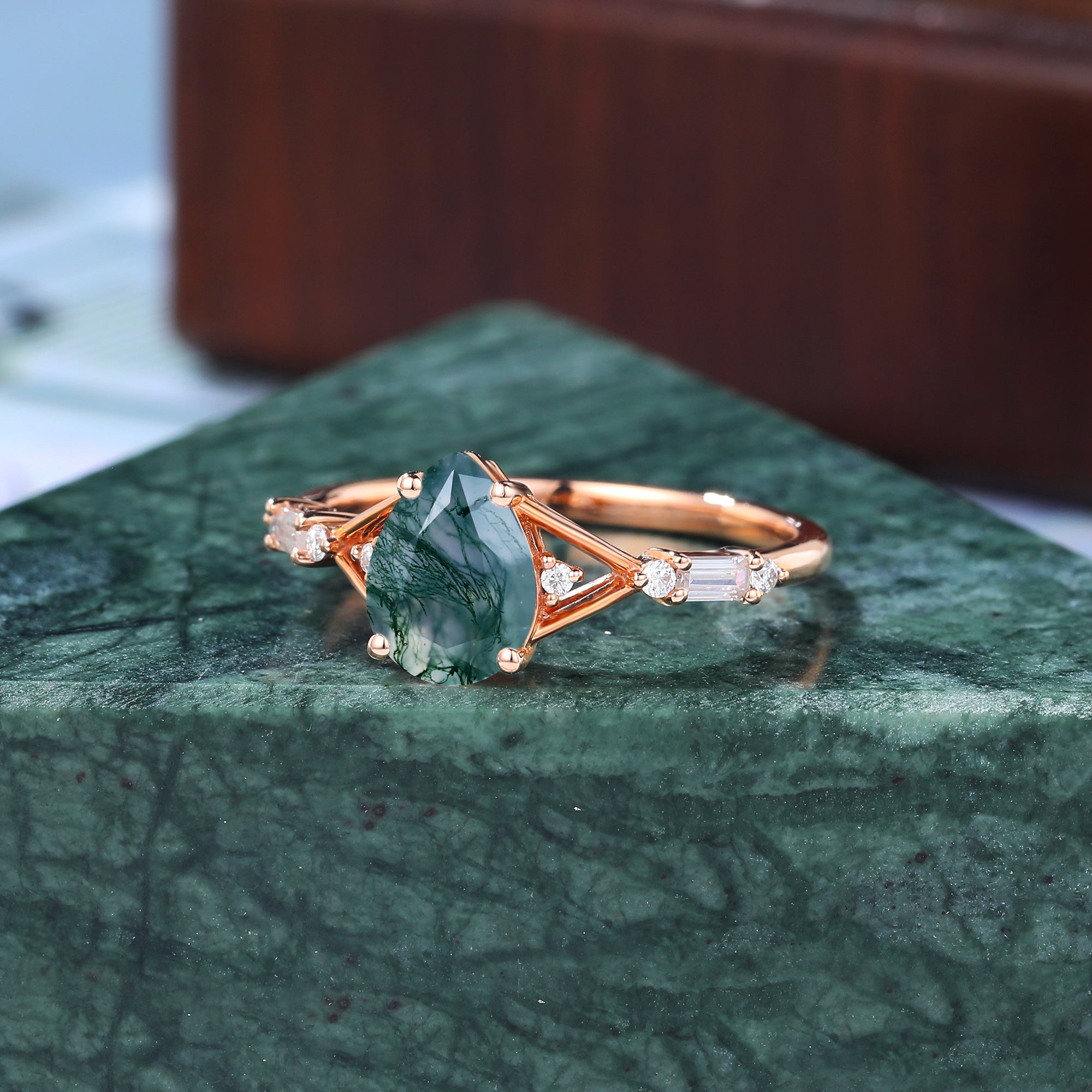 Pear shape Moss agate engagement ring. S925/10k/14k/18k gold , unique bridal ring rose/white/yellow gold