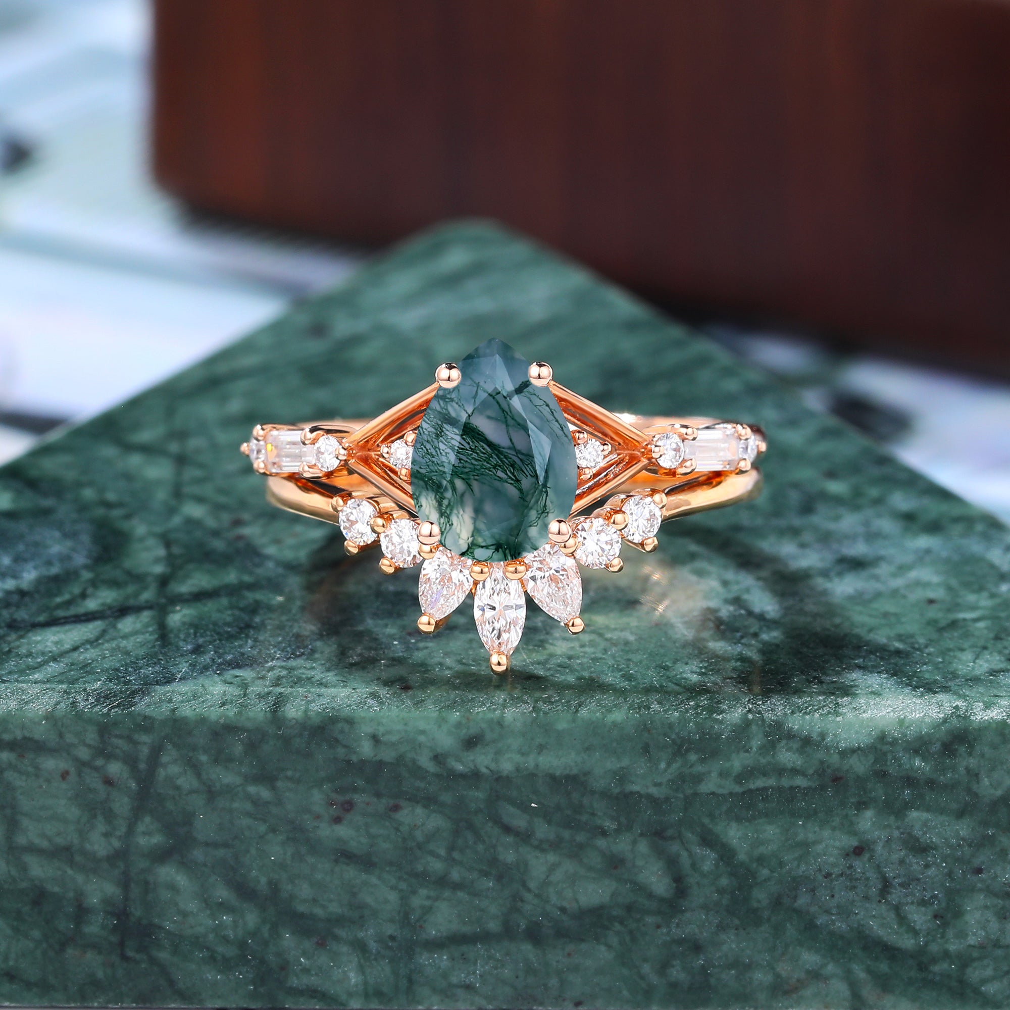 Vintage Pear shape Moss Agate Engagement Ring Set,  Rose/white/yellow Gold Bridal Wedding band S925/10k/14k/18k