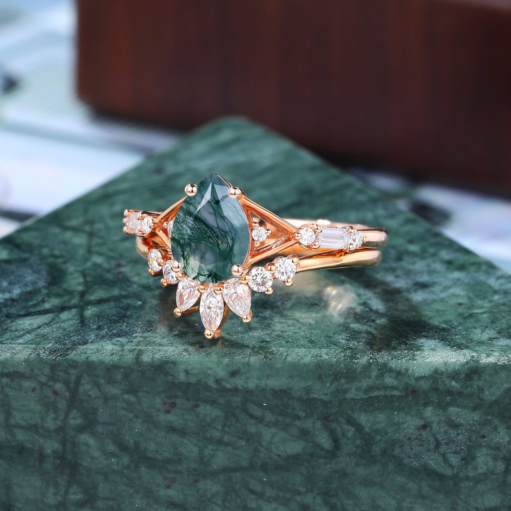 Vintage Pear shape Moss Agate Engagement Ring Set,  Rose/white/yellow Gold Bridal Wedding band S925/10k/14k/18k