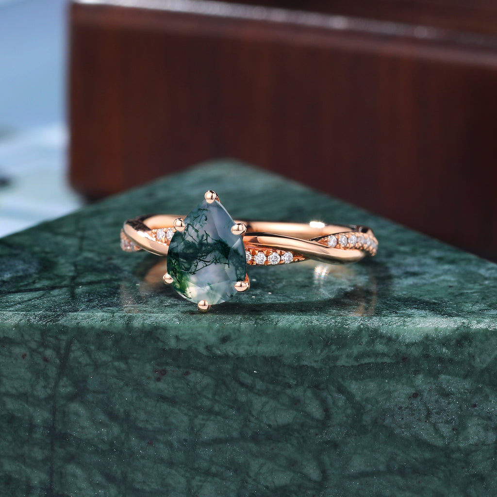 Pear shape Moss agate rose gold engagement ring S925/10k/14k/18k gold