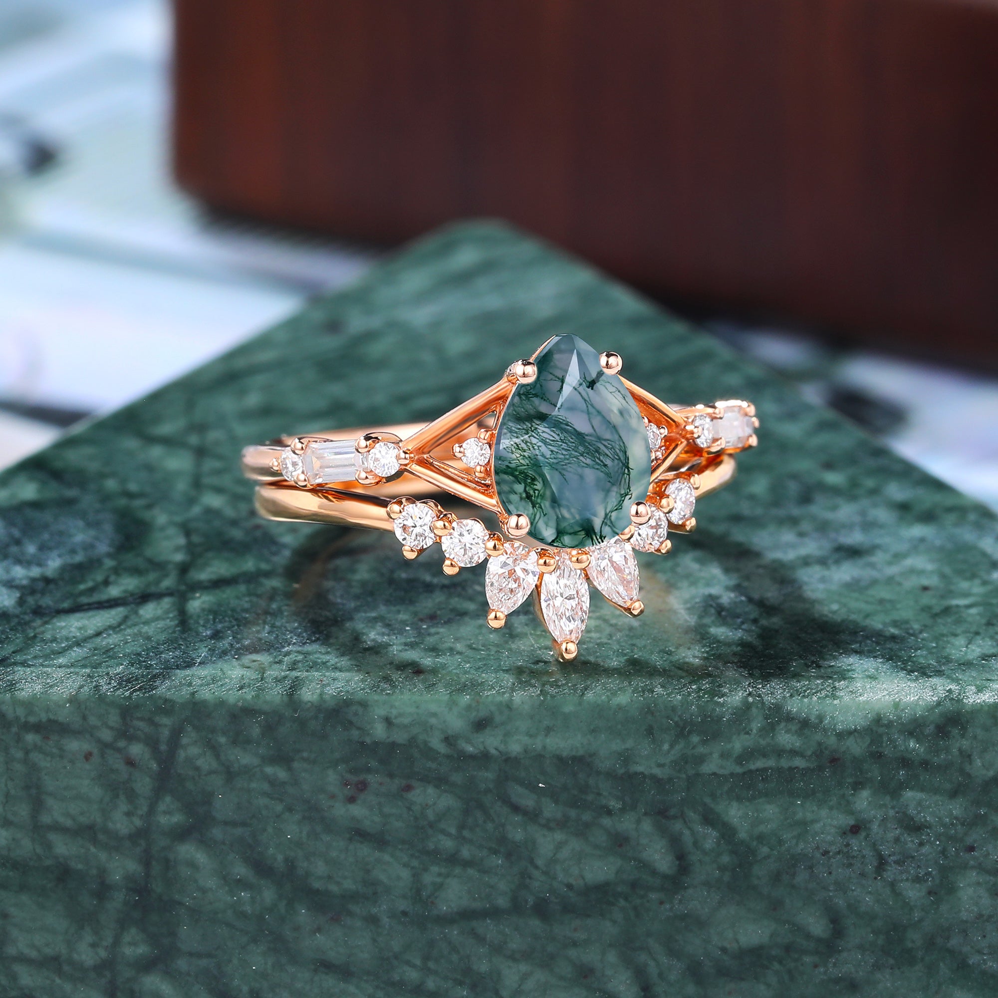 Vintage Pear shape Moss Agate Engagement Ring Set,  Rose/white/yellow Gold Bridal Wedding band S925/10k/14k/18k