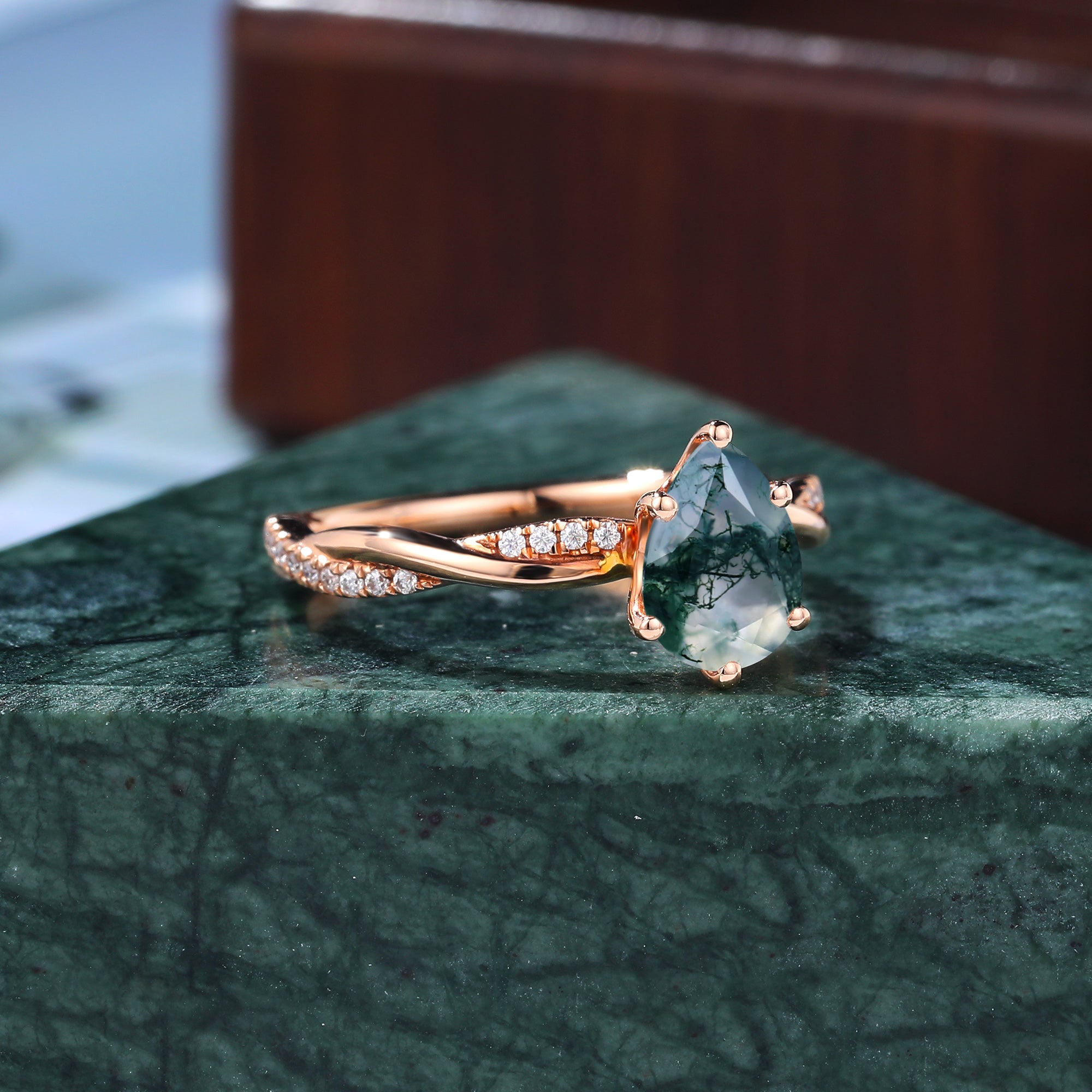 Pear shape Moss agate rose gold engagement ring S925/10k/14k/18k gold