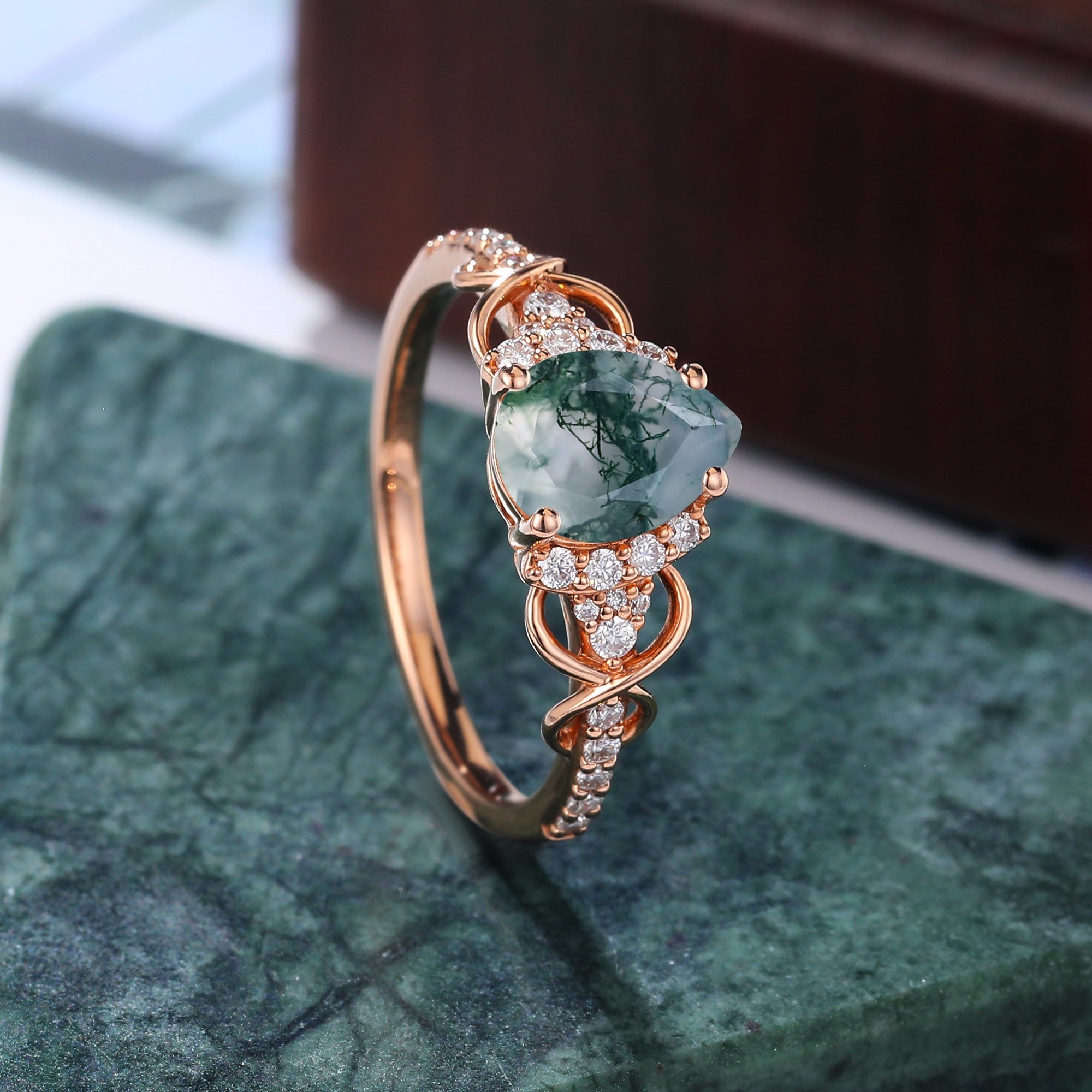 Pear shape Moss agate Rose gold engagement ring S925/10k/14k/18k gold ring, unique bridal ring rose/white gold