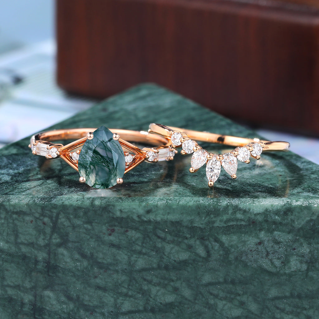 Vintage Pear shape Moss Agate Engagement Ring Set,  Rose/white/yellow Gold Bridal Wedding band S925/10k/14k/18k