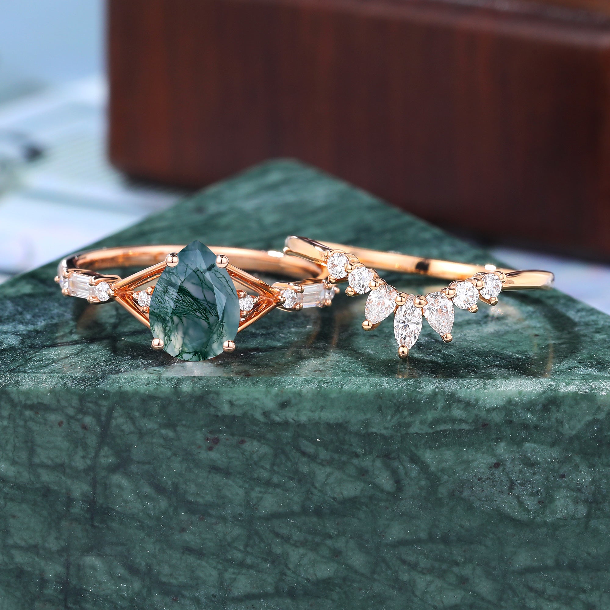 Vintage Pear shape Moss Agate Engagement Ring Set,  Rose/white/yellow Gold Bridal Wedding band S925/10k/14k/18k