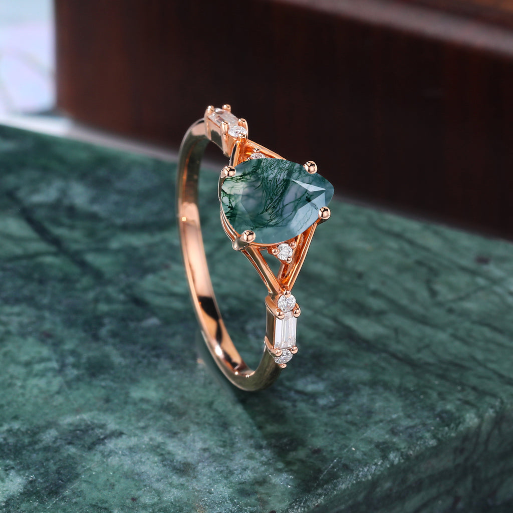 Pear shape Moss agate engagement ring. S925/10k/14k/18k gold , unique bridal ring rose/white/yellow gold